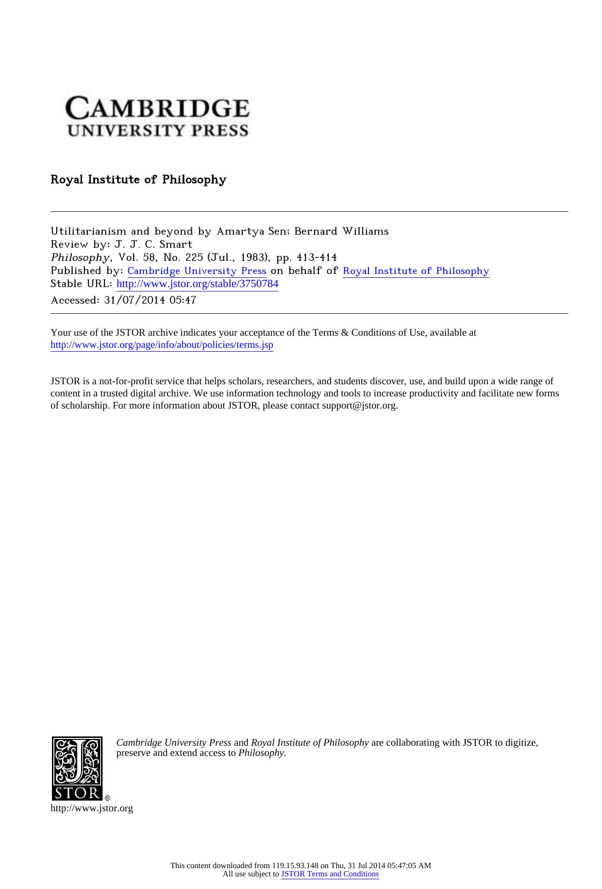 Utilitarianism and beyond by Amartya Sen; Bernard Williams by Utilitarianism & beyond by Amartya Sen; Bernard Williams