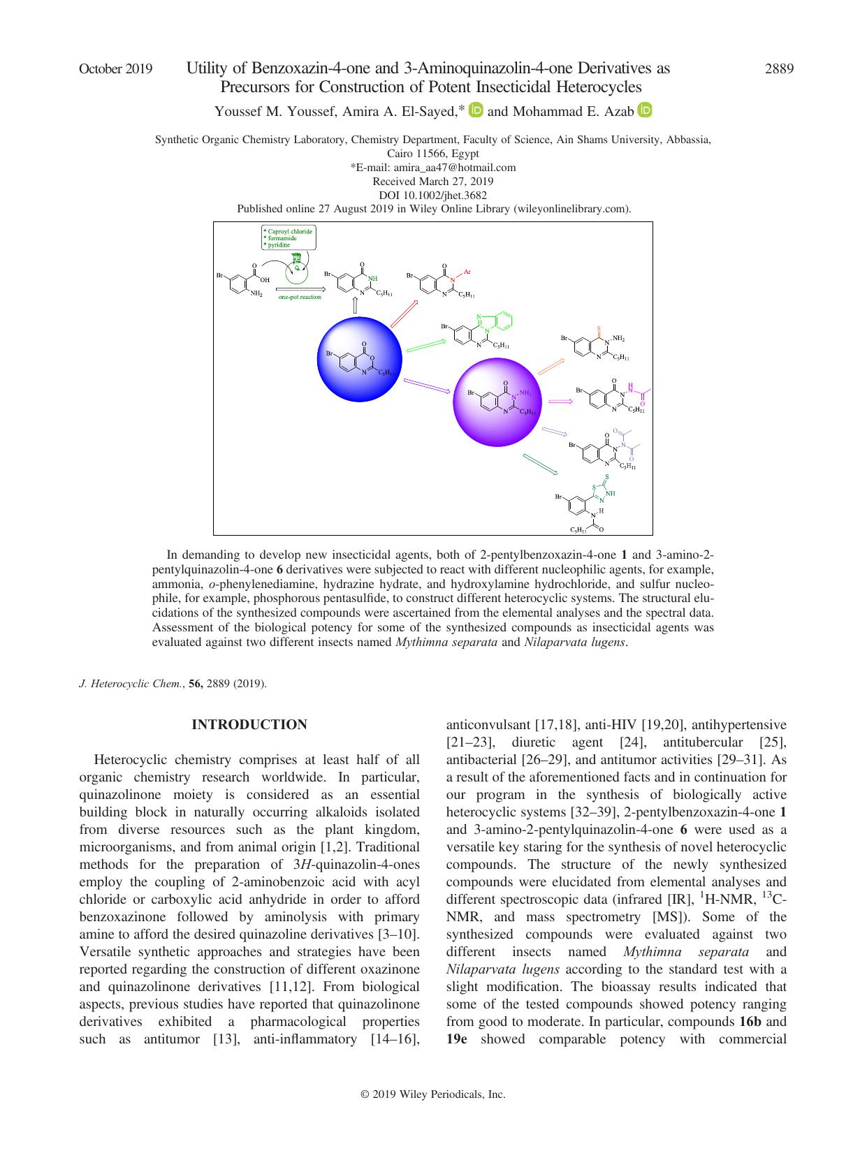 Utility of Benzoxazinâ4âone and 3âAminoquinazolinâ4âone Derivatives as Precursors for Construction of Potent Insecticidal Heterocycles by Youssef M. Youssef Amira A. El‐Sayed Mohammad E. Azab