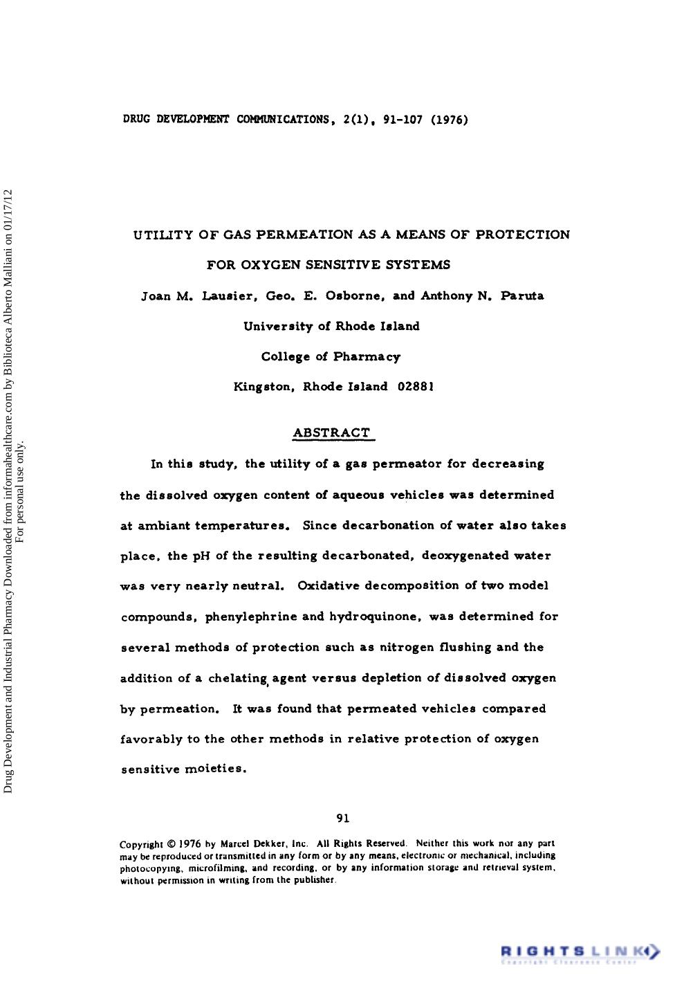 Utility of Gas Permeation as a Means of Protection for Oxygen Sensitive Systems by Joan M. Lausier Geo. E. Osborne & Anthony N. Paruta