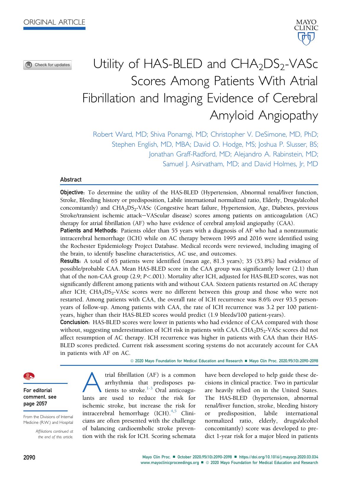 Utility of HAS-BLED and CHA2DS2-VASc Scores Among Patients With Atrial Fibrillation and Imaging Evidence of Cerebral Amyloid Angiopathy by unknow