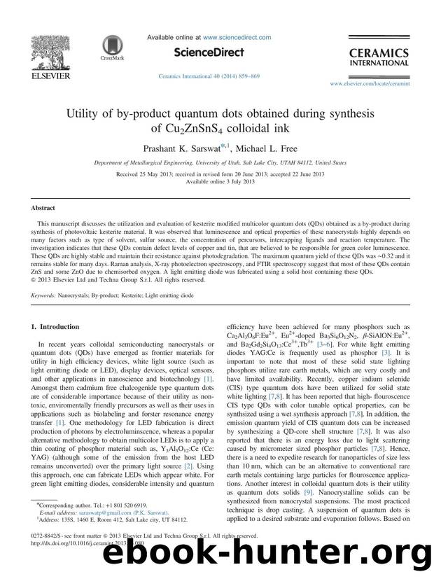 Utility of by-product quantum dots obtained during synthesis of Cu2ZnSnS4 colloidal ink by Prashant K. Sarswat & Michael L. Free