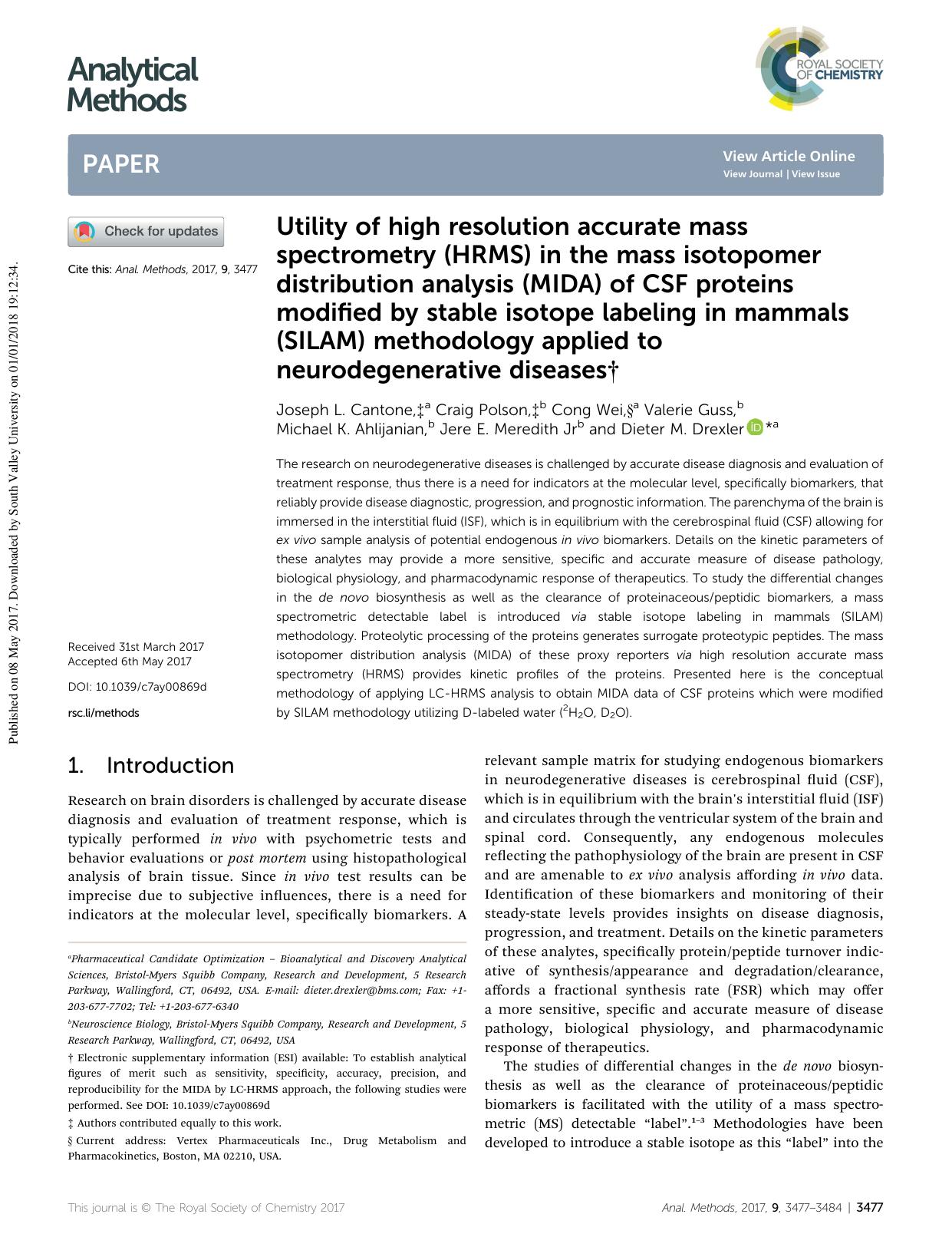 Utility of high resolution accurate mass spectrometry (HRMS) in the mass isotopomer distribution analysis (MIDA) of CSF proteins modified by stable isotope labeling in mammals (SIL by unknow
