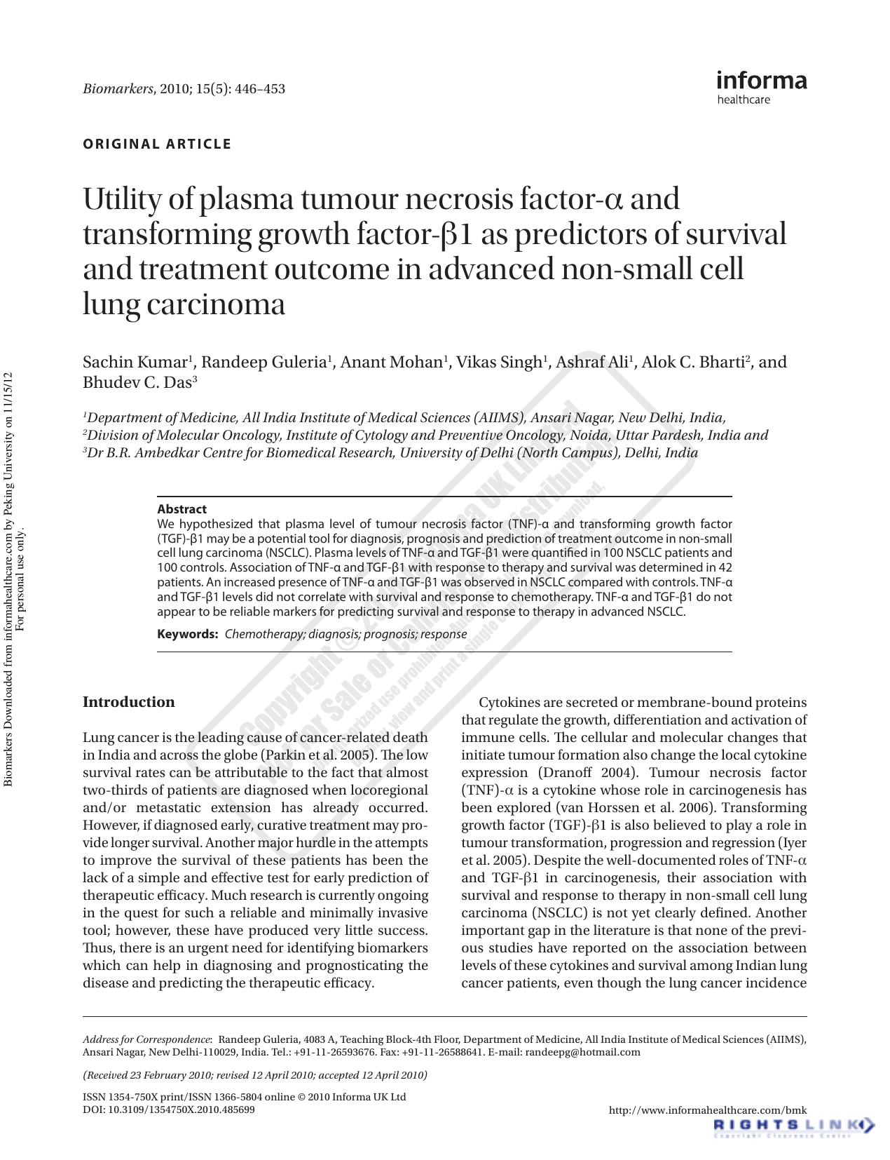 Utility of plasma tumour necrosis factor-Î± and transforming growth factor-Î²1 as predictors of survival and treatment outcome in advanced non-small cell lung carcinoma by Sachin Kumar Randeep Guleria Anant Mohan Vikas Singh Ashraf Ali Alok C. Bharti & Bhudev C. Das