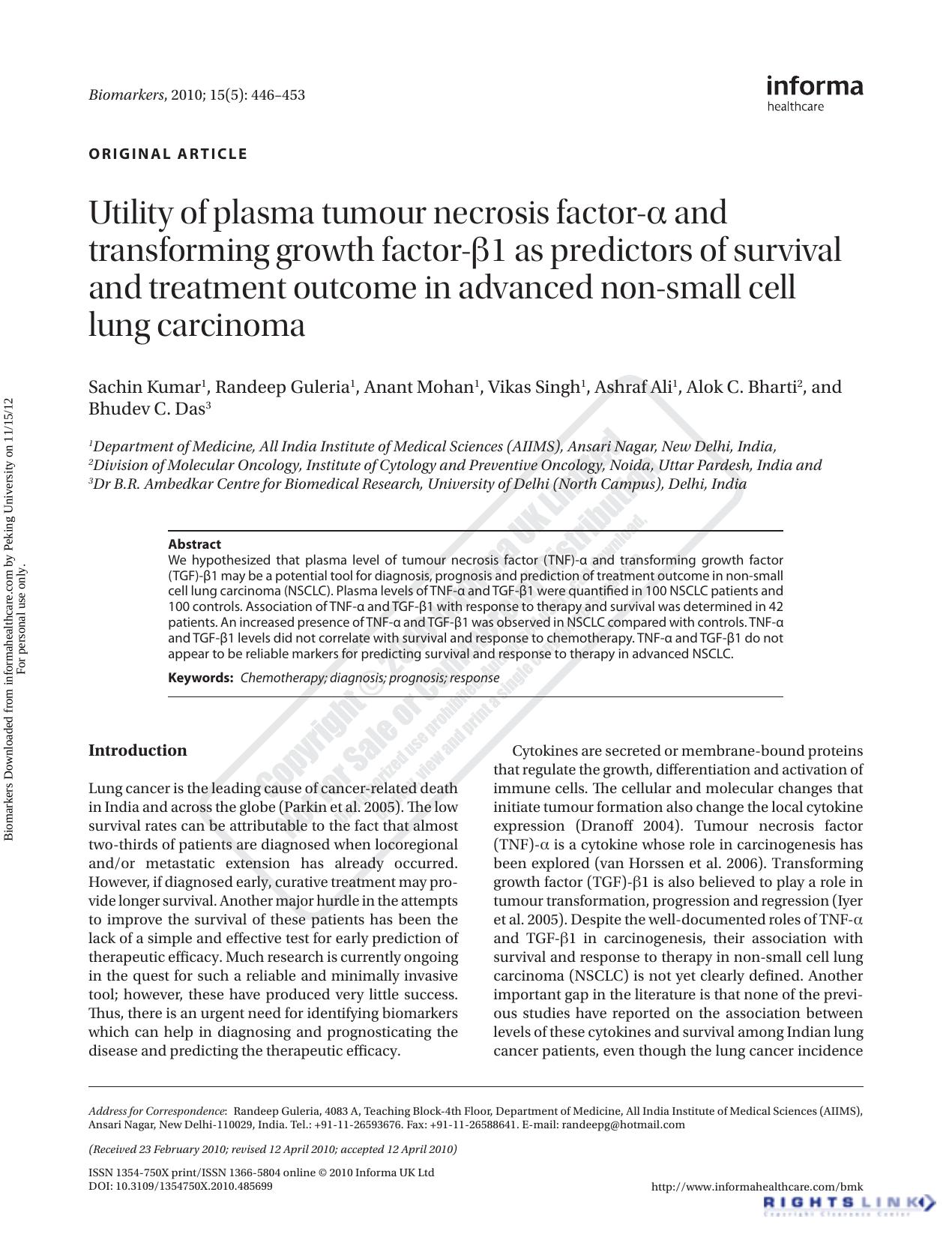 Utility of plasma tumour necrosis factor-α and transforming growth factor-β1 as predictors of survival and treatment outcome in advanced non-small cell lung carcinoma by Sachin Kumar Randeep Guleria Anant Mohan Vikas Singh Ashraf Ali Alok C. Bharti & Bhudev C. Das