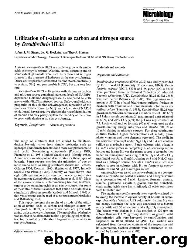 Utilization of <Emphasis Type="SmallCaps">l<Emphasis>-alanine as carbon and nitrogen source by <Emphasis Type="Italic">Deusulfovibrio<Emphasis> HL21 by Unknown