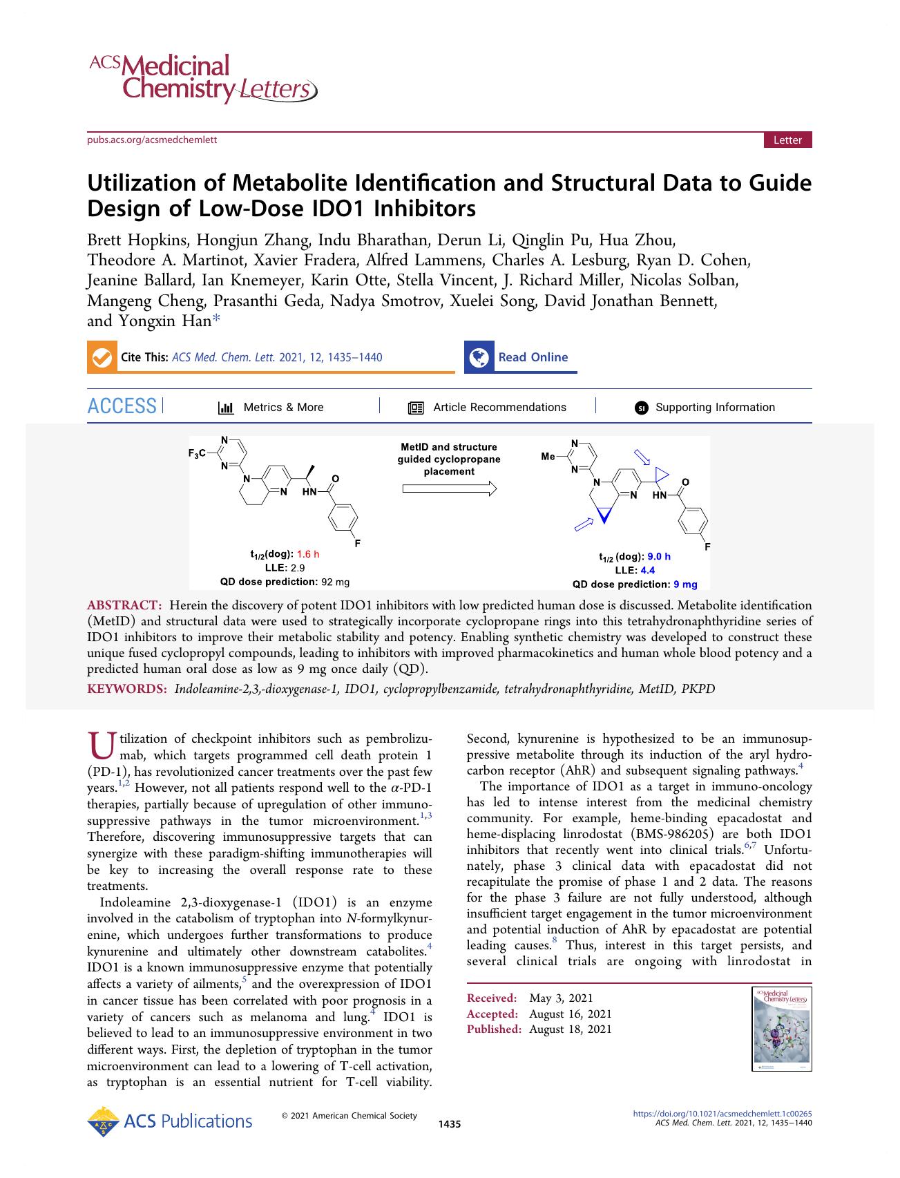 Utilization of Metabolite Identification and Structural Data to Guide Design of Low-Dose IDO1 Inhibitors by unknow