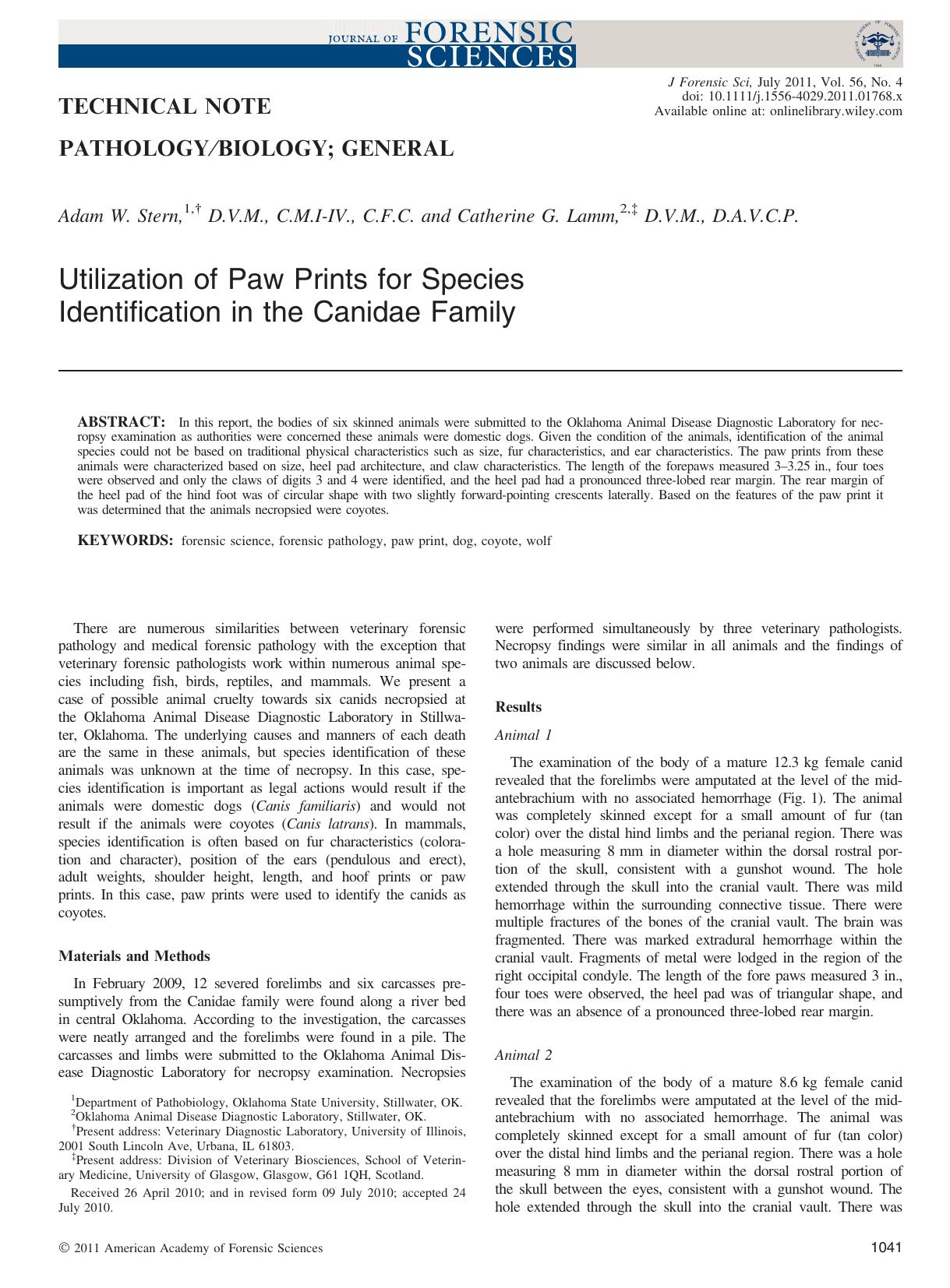 Utilization of Paw Prints for Species Identification in the Canidae Family by Unknown