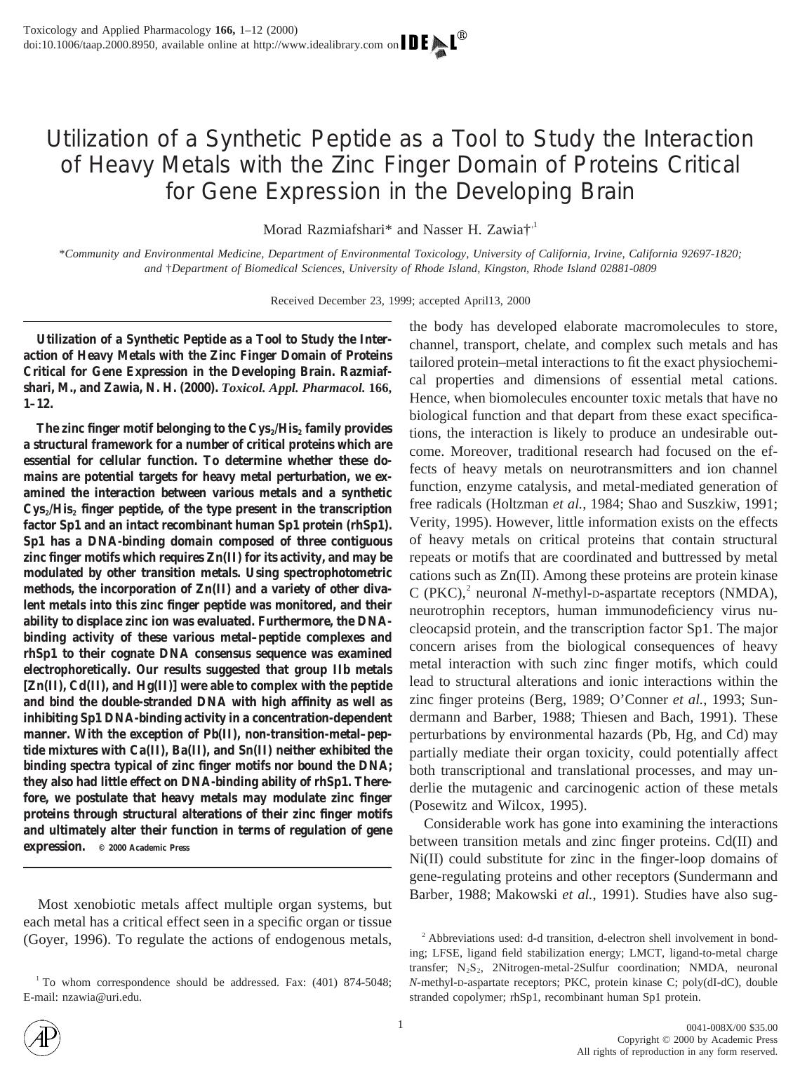 Utilization of a Synthetic Peptide as a Tool to Study the Interaction of Heavy Metals with the Zinc Finger Domain of Proteins Critical for Gene Expression in the Developing Brain by Razmiafshari M. et al