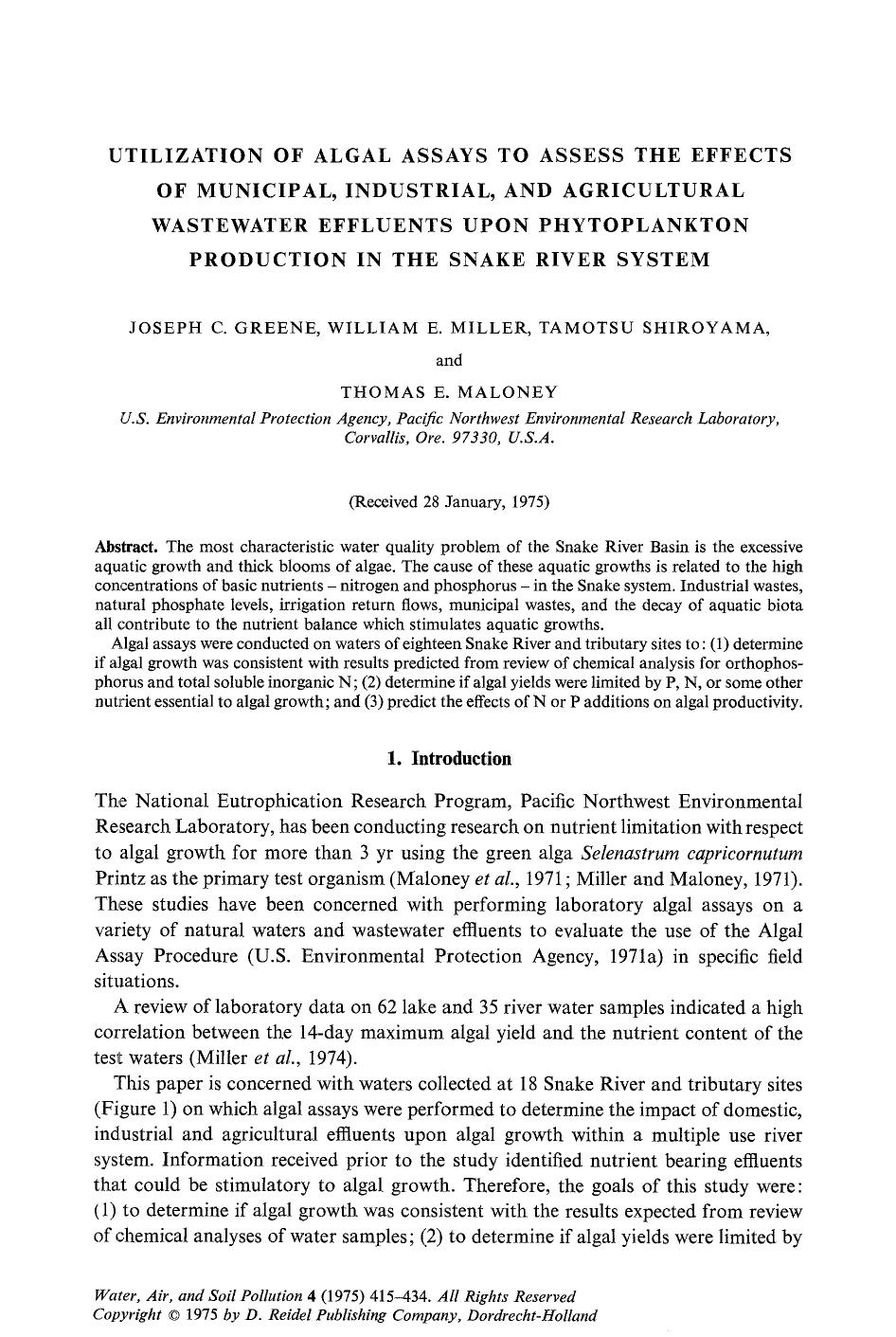 Utilization of algal assays to assess the effects of municipal, industrial, and agricultural wastewater effluents upon phytoplankton production in the Snake River system by Unknown