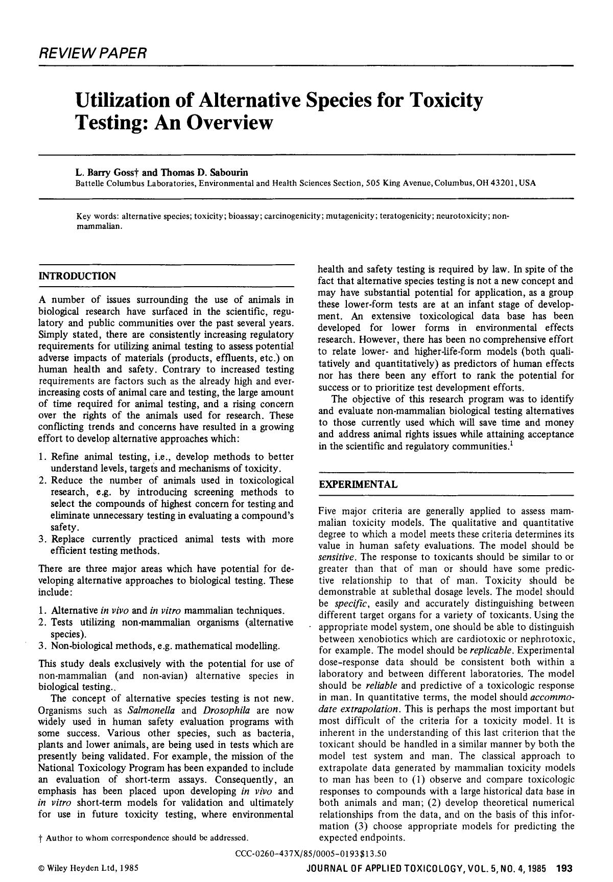 Utilization of alternative species for toxicity testing: An overview by Unknown