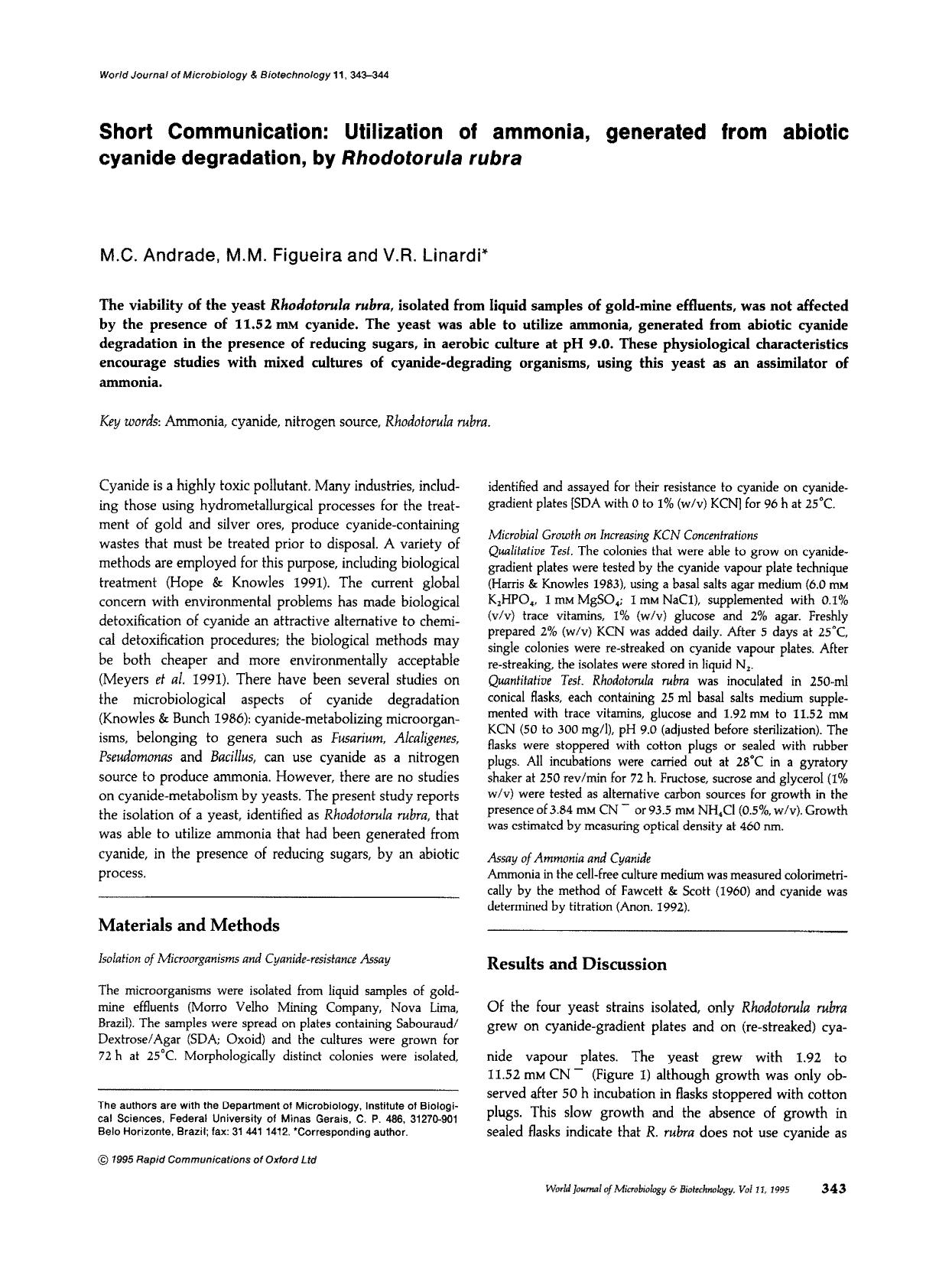 Utilization of ammonia, generated from abiotic cyanide degradation, by <Emphasis Type="Italic">Rhodotorula rubra<Emphasis> by Unknown