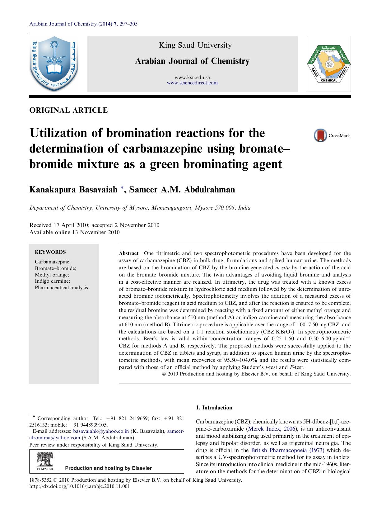 Utilization of bromination reactions for the determination of carbamazepine using bromateÃ¢â¬âbromide mixture as a green brominating agent by Kanakapura Basavaiah & Sameer A.M. Abdulrahman