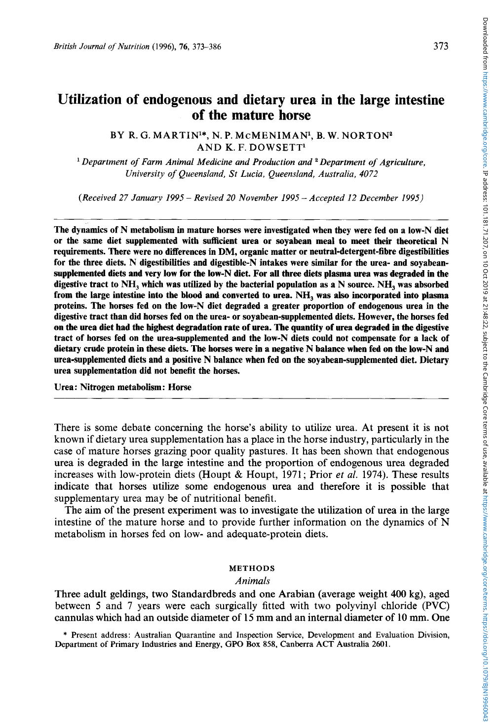 Utilization of endogenous and dietary urea in the large intestine of the mature horse by R. G. Martin N. P. McMeniman B. W. Norton & K. F. Dowsett