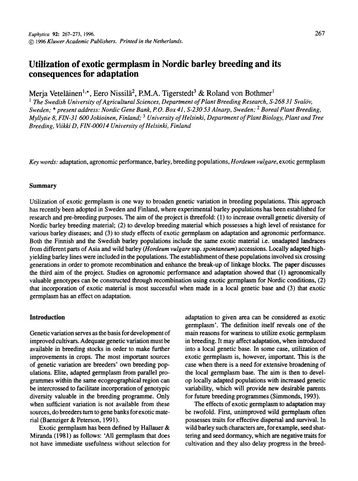 Utilization of exotic germplasm in Nordic barley breeding and its consequences for adaptation by Unknown