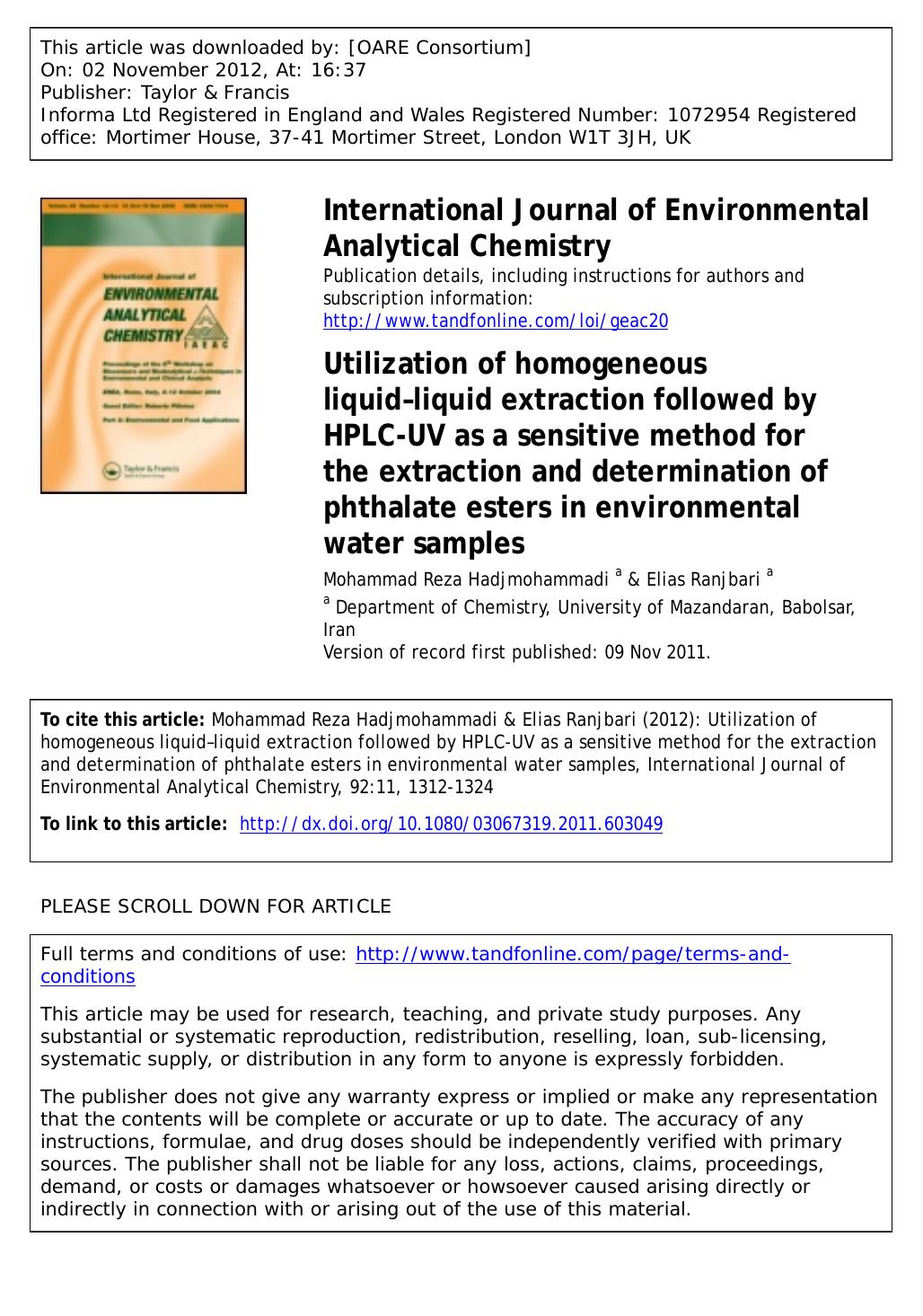 Utilization of homogeneous liquidâliquid extraction followed by HPLC-UV as a sensitive method for the extraction and determination of phthalate esters in environmental water samples by Mohammad Reza Hadjmohammadi & Elias Ranjbari