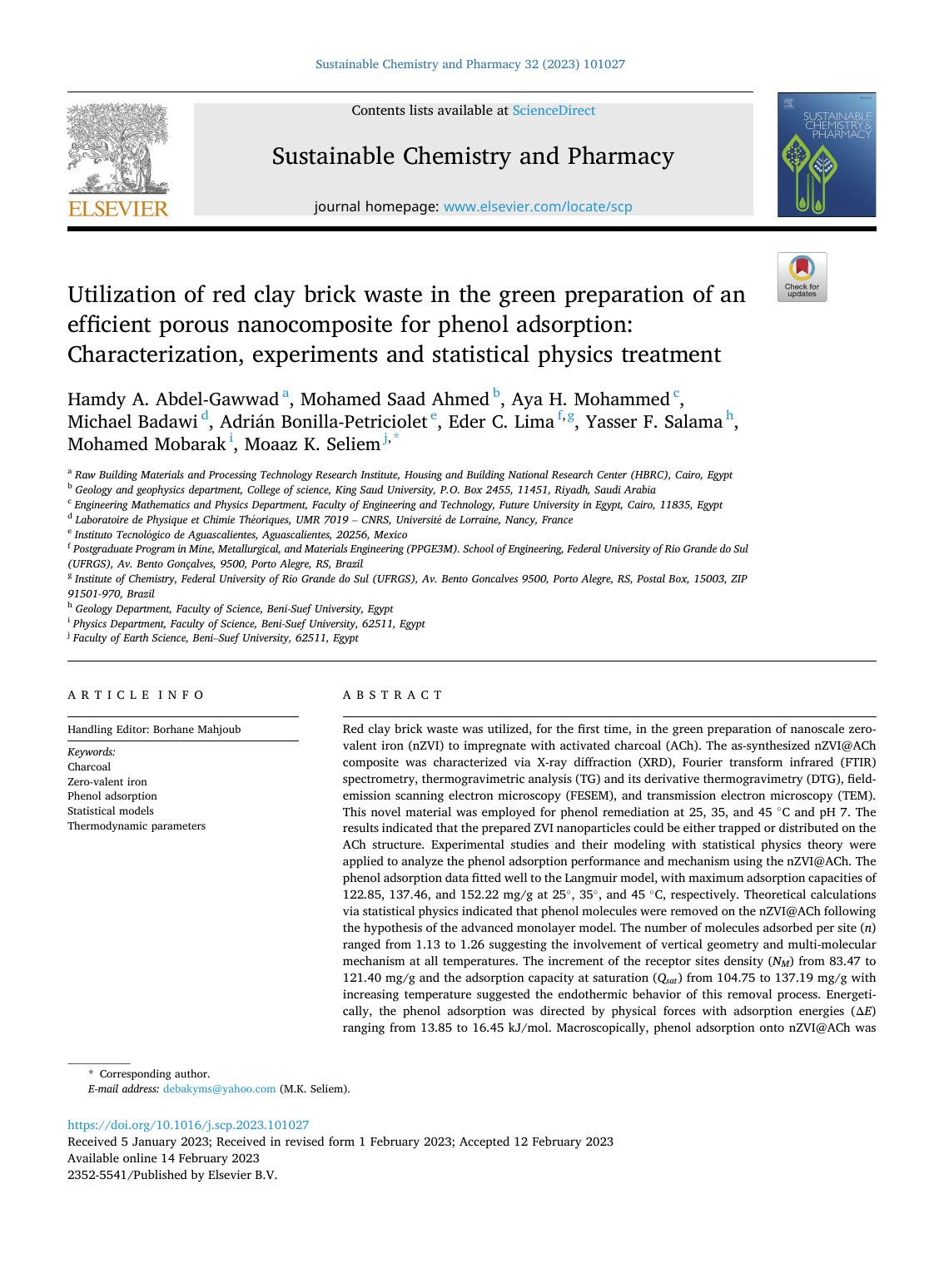 Utilization of red clay brick waste in the green preparation of an efficient porous nanocomposite for phenol adsorption: Characterization, experiments and statistical physics treatment by unknow