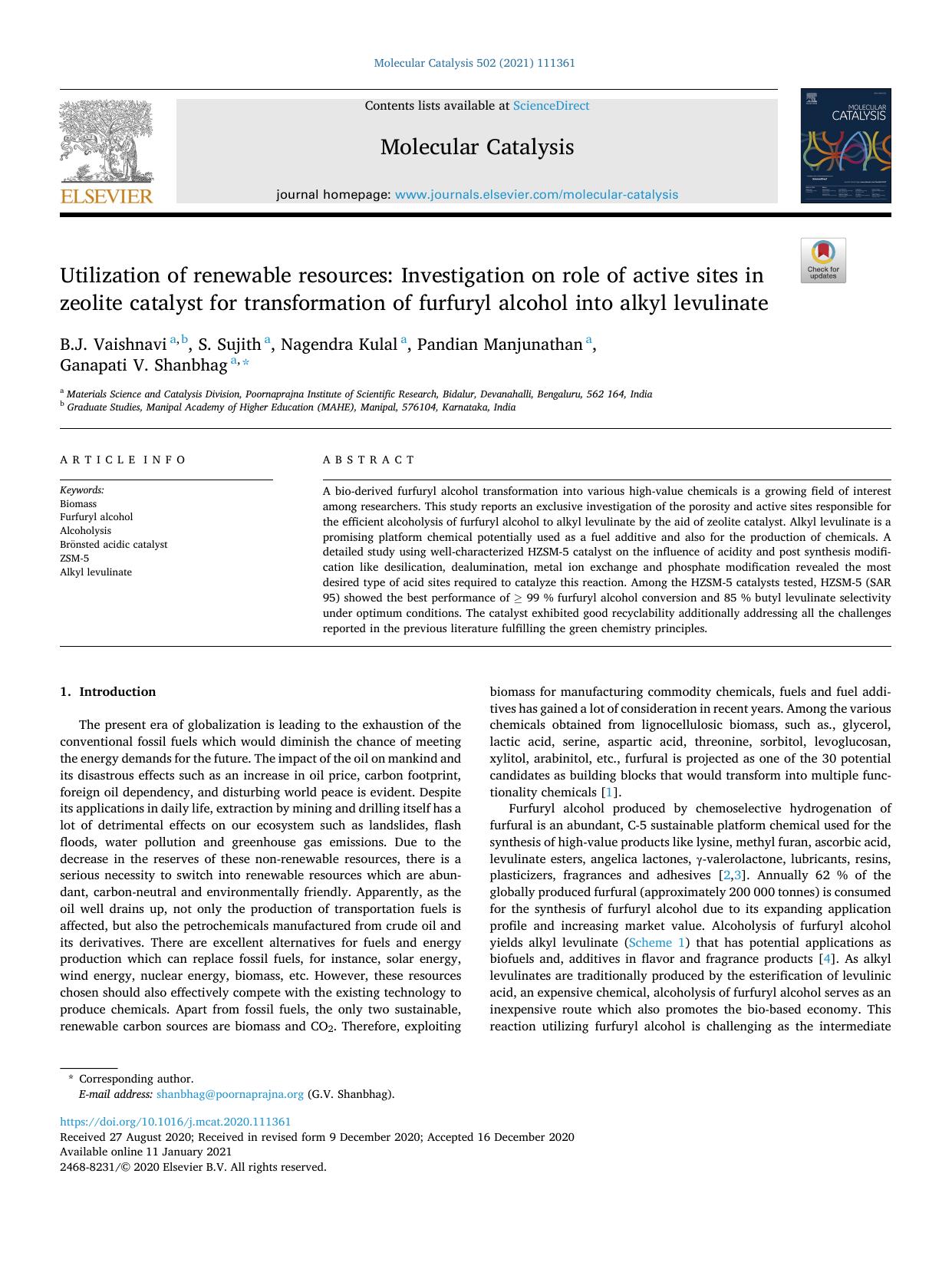 Utilization of renewable resources: Investigation on role of active sites in zeolite catalyst for transformation of furfuryl alcohol into alkyl levulinate by B.J. Vaishnavi