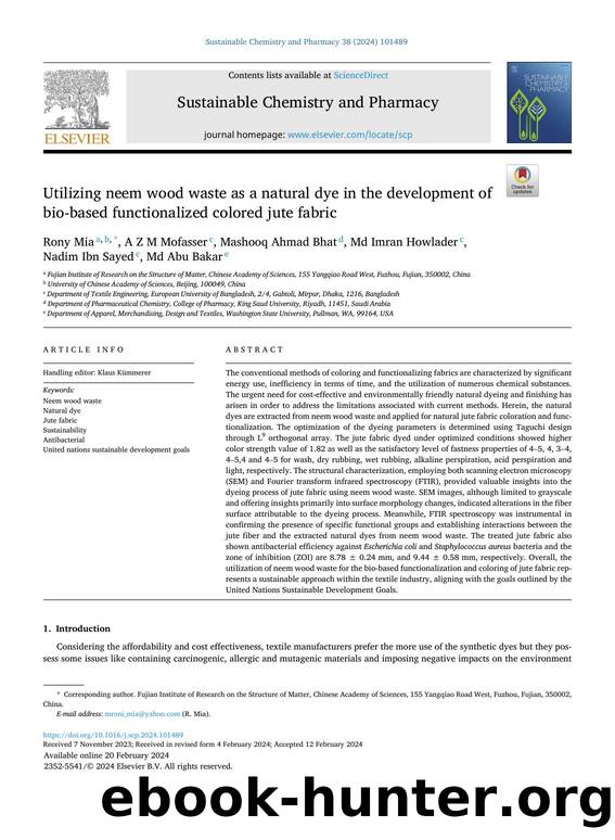Utilizing neem wood waste as a natural dye in the development of bio-based functionalized colored jute fabric by Rony Mia & A Z M Mofasser & Mashooq Ahmad Bhat & Md Imran Howlader & Nadim Ibn Sayed & Md Abu Bakar