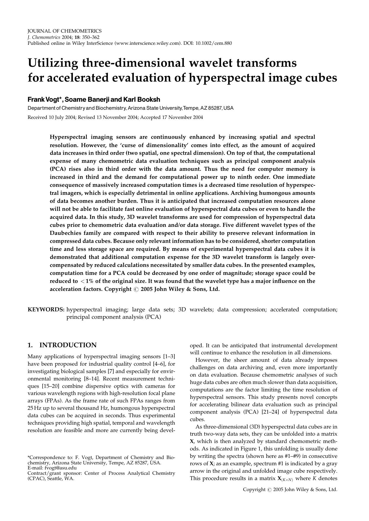 Utilizing three-dimensional wavelet transforms for accelerated evaluation of hyperspectral image cubes by Unknown