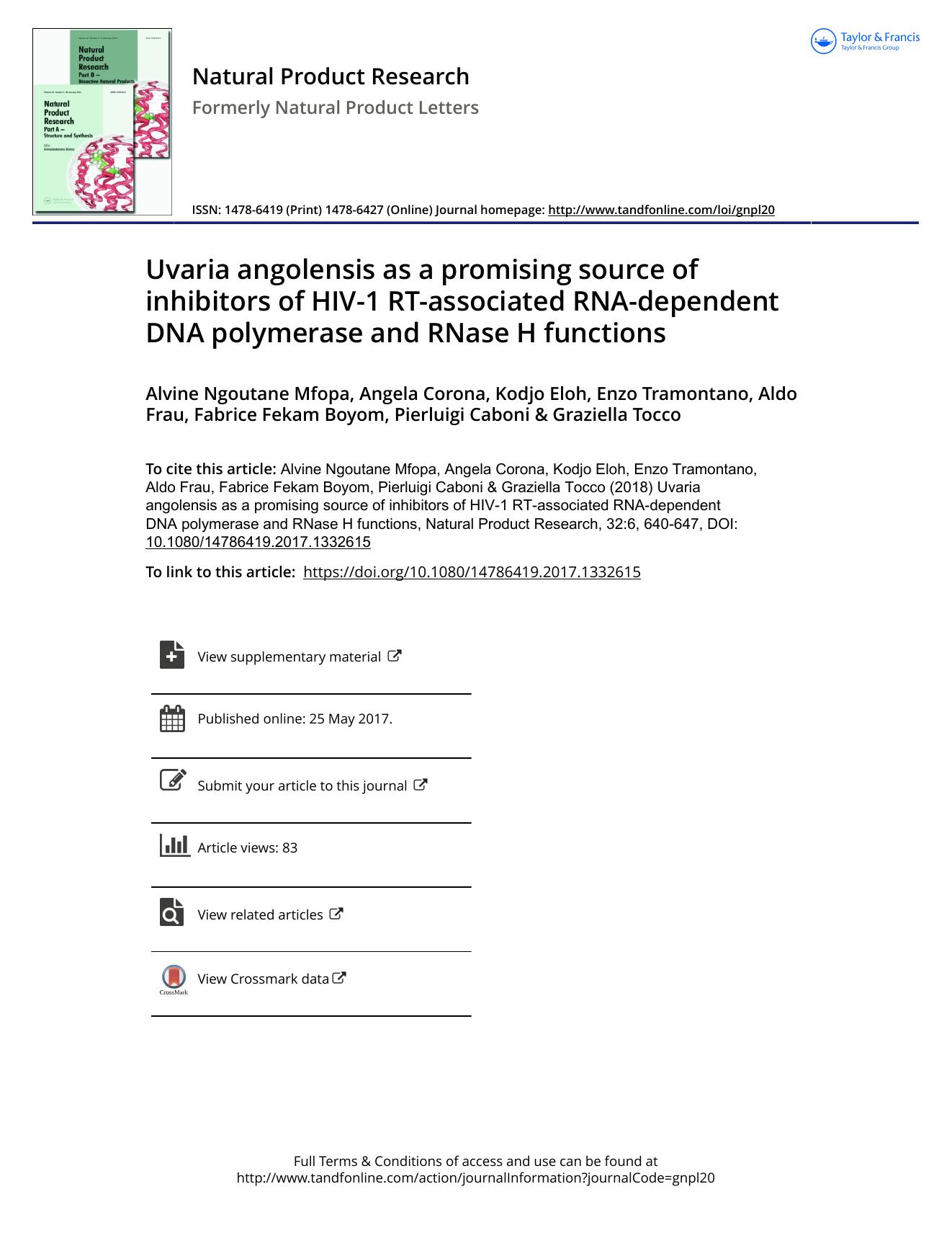 Uvaria angolensis as a promising source of inhibitors of HIV-1 RT-associated RNA-dependent DNA polymerase and RNase H functions by unknow