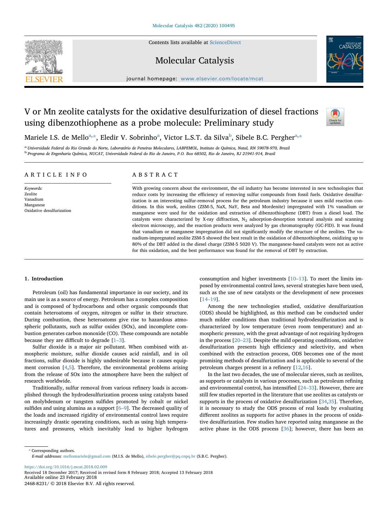 V or Mn zeolite catalysts for the oxidative desulfurization of diesel fractions using dibenzothiophene as a probe molecule_ Preliminary study by Mariele I.S. de Mello & Eledir V. Sobrinho & Victor L.S.T. da Silva & Sibele B.C. Pergher