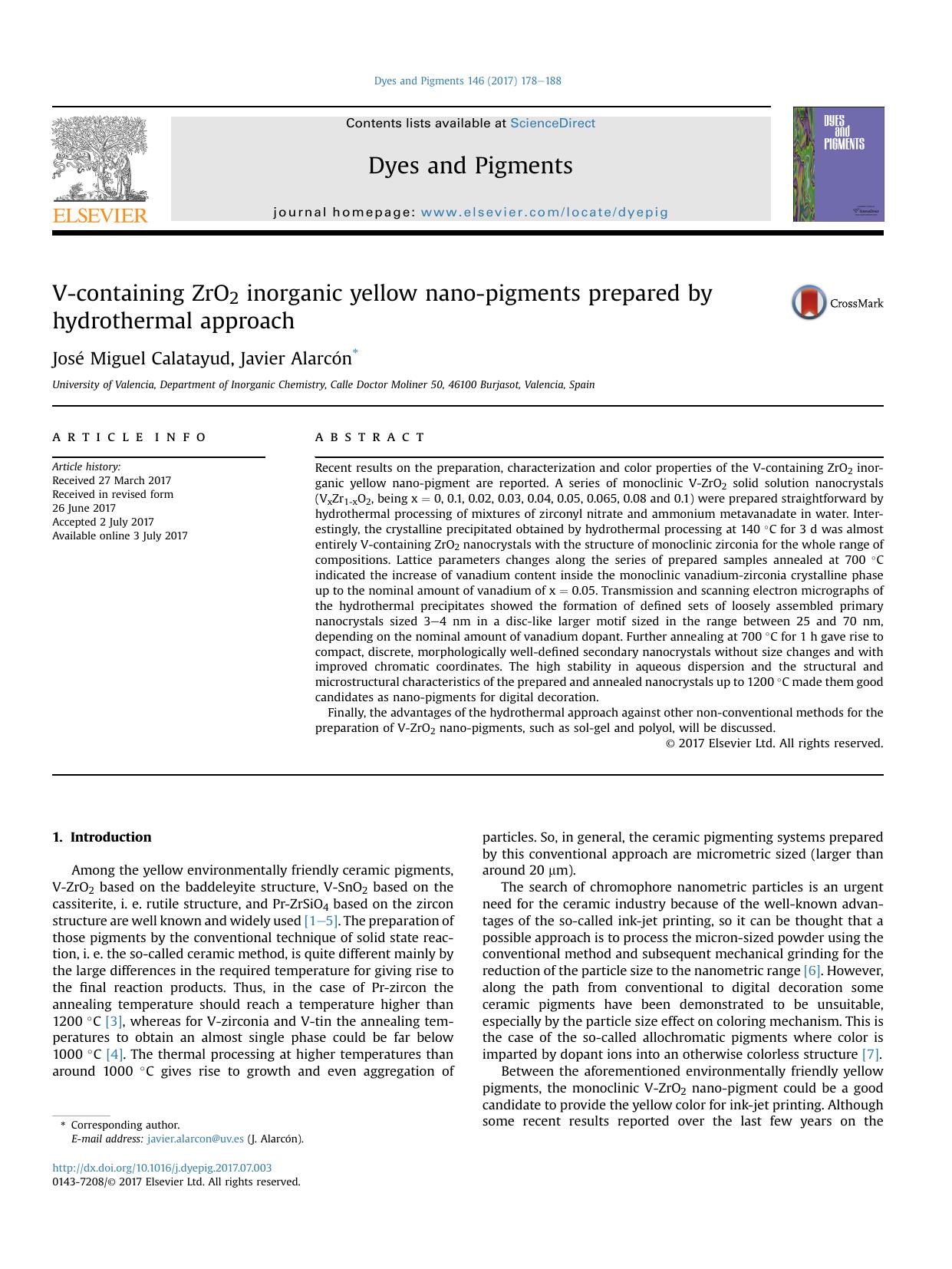 V-containing ZrO2 inorganic yellow nano-pigments prepared by hydrothermal approach by José Miguel Calatayud & Javier Alarcón