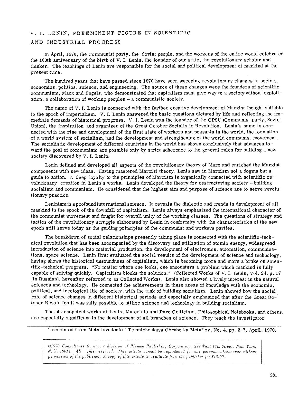V. I. Lenin, preeminent figure in scientific and industrial progress by Unknown