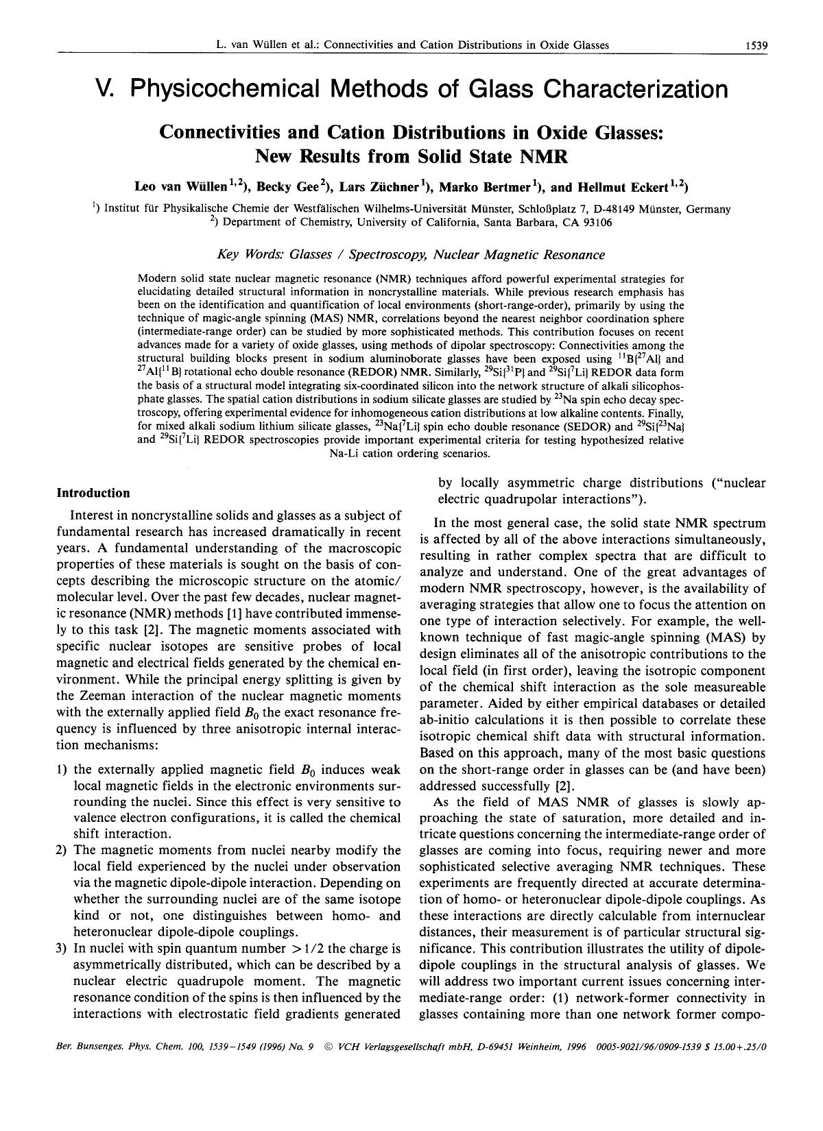 V. Physicochemical Methods of Glass Characterization. Connectivities and cation distributions in oxide glasses: New results from solid state NMR by Unknown