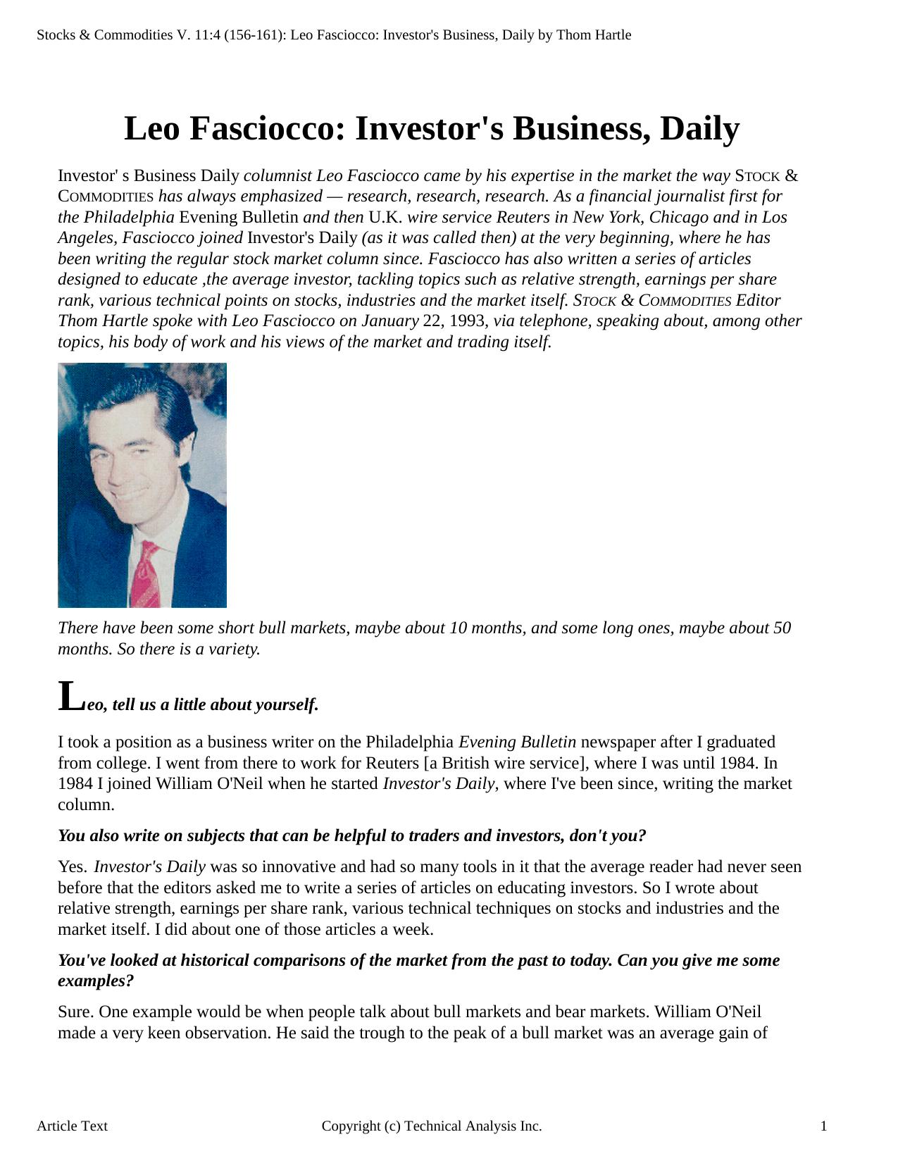 V.11:4 (156-161): Leo Fasciocco: Investor's Business, Daily by Thom Hartle by Thom Hartle