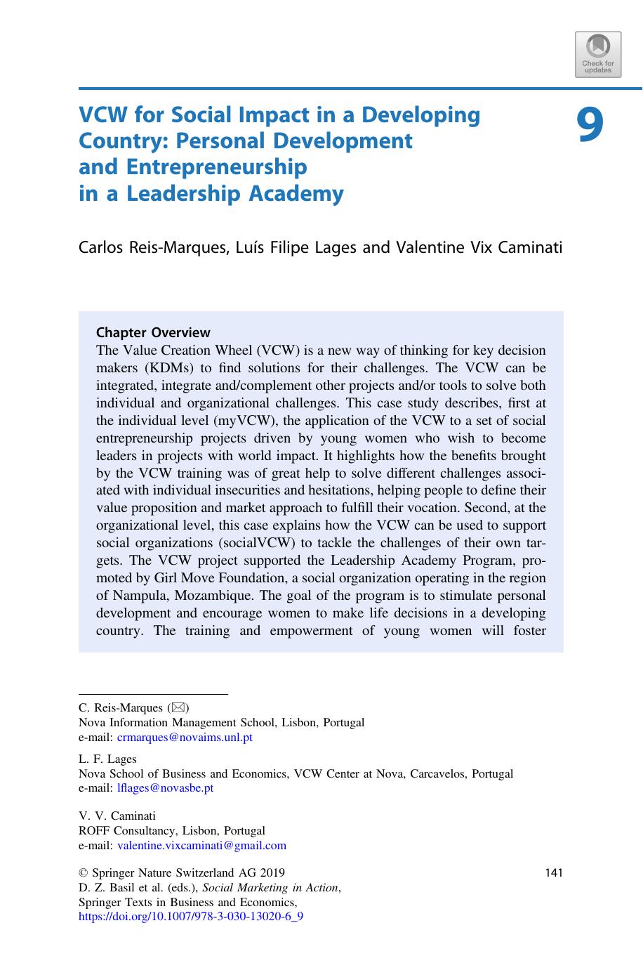 VCW for Social Impact in a Developing Country: Personal Development and Entrepreneurship in a Leadership Academy by Carlos Reis-Marques & Luís Filipe Lages & Valentine Vix Caminati