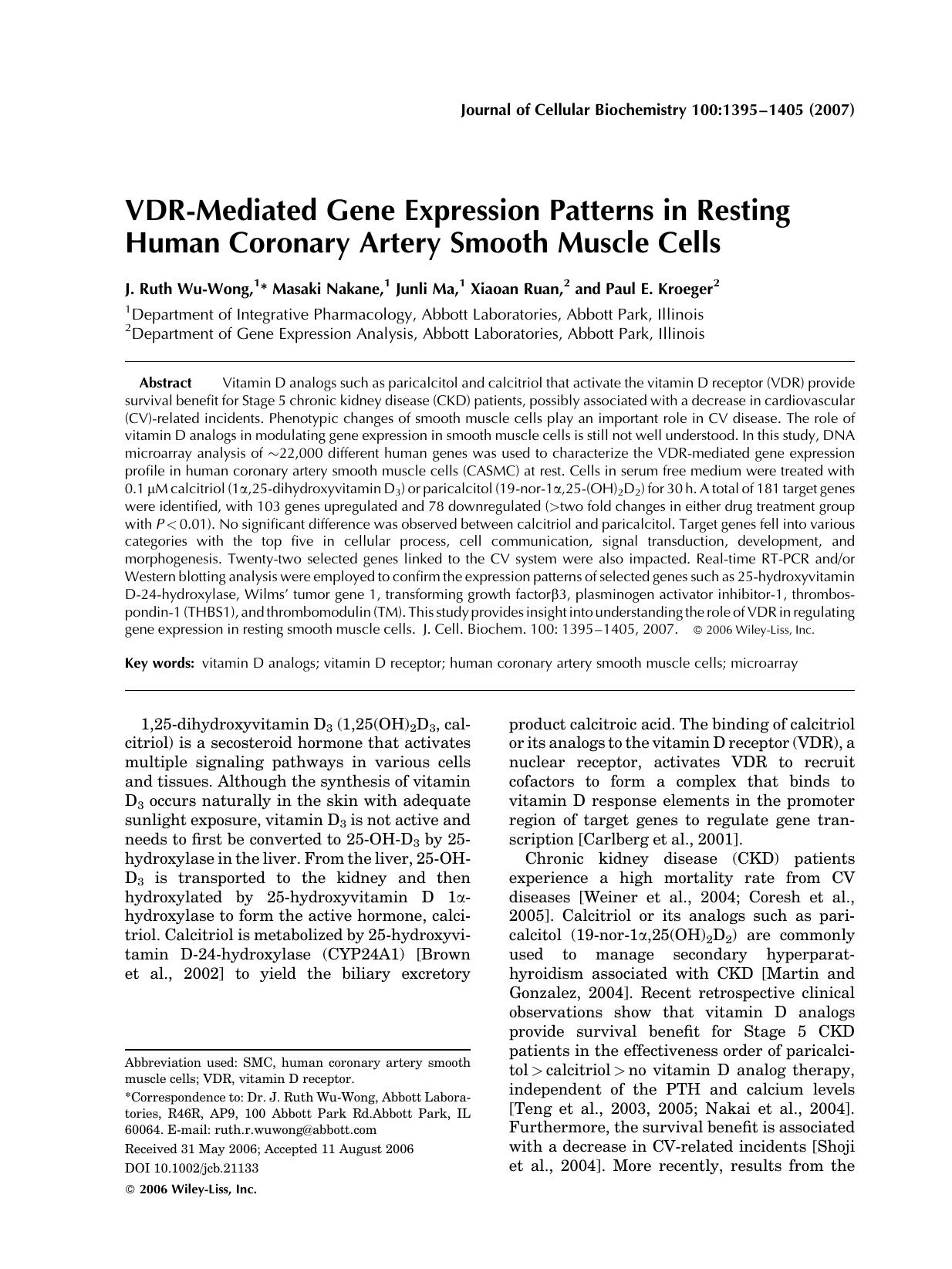 VDR-mediated gene expression patterns in resting human coronary artery smooth muscle cells by Unknown