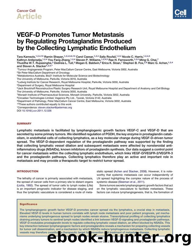 VEGF-D Promotes Tumor Metastasis by Regulating Prostaglandins Produced by the Collecting Lymphatic Endothelium by Tara Karnezis et al
