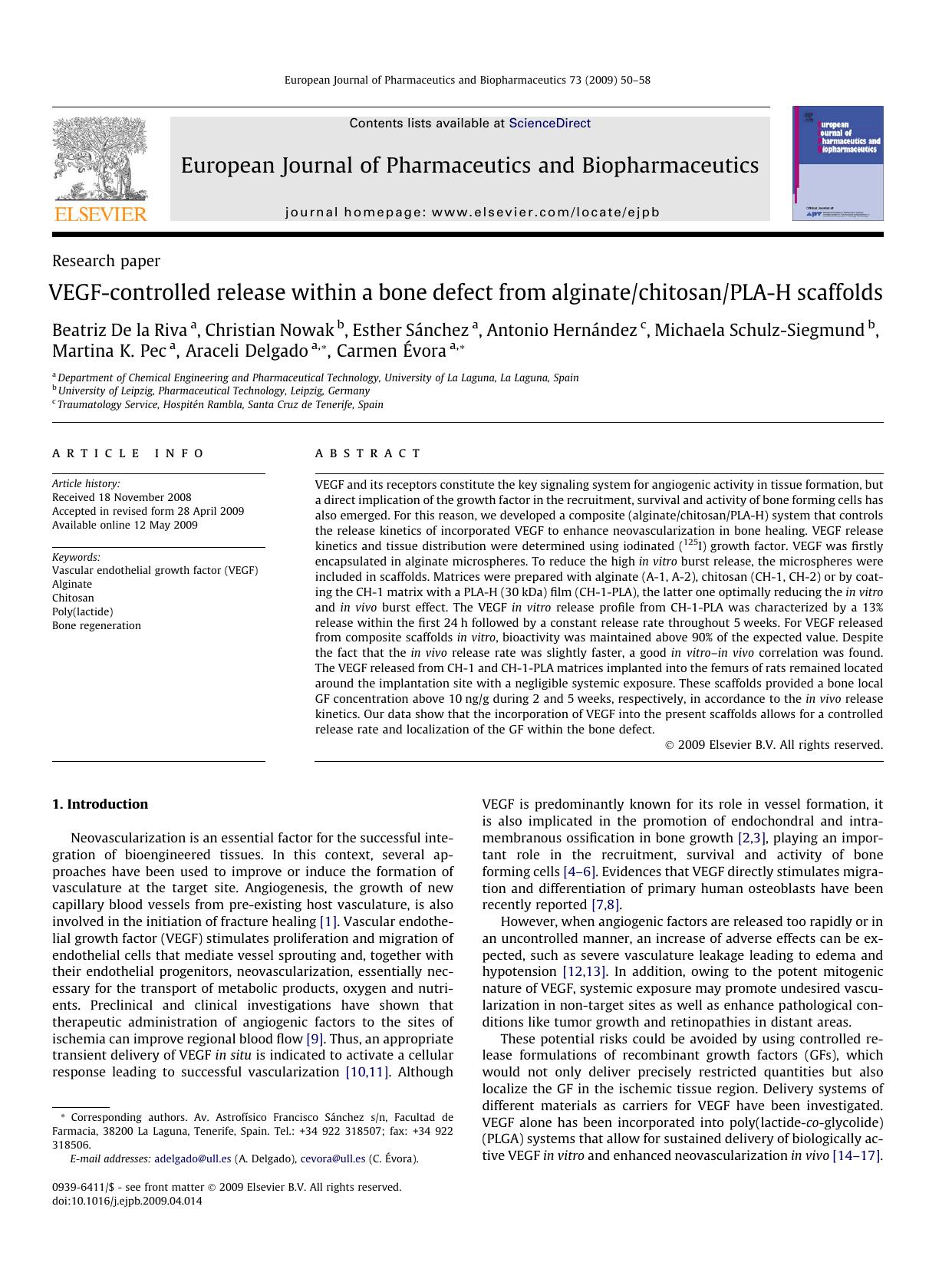 VEGF-controlled release within a bone defect from alginatechitosanPLA-H scaffolds by unknow