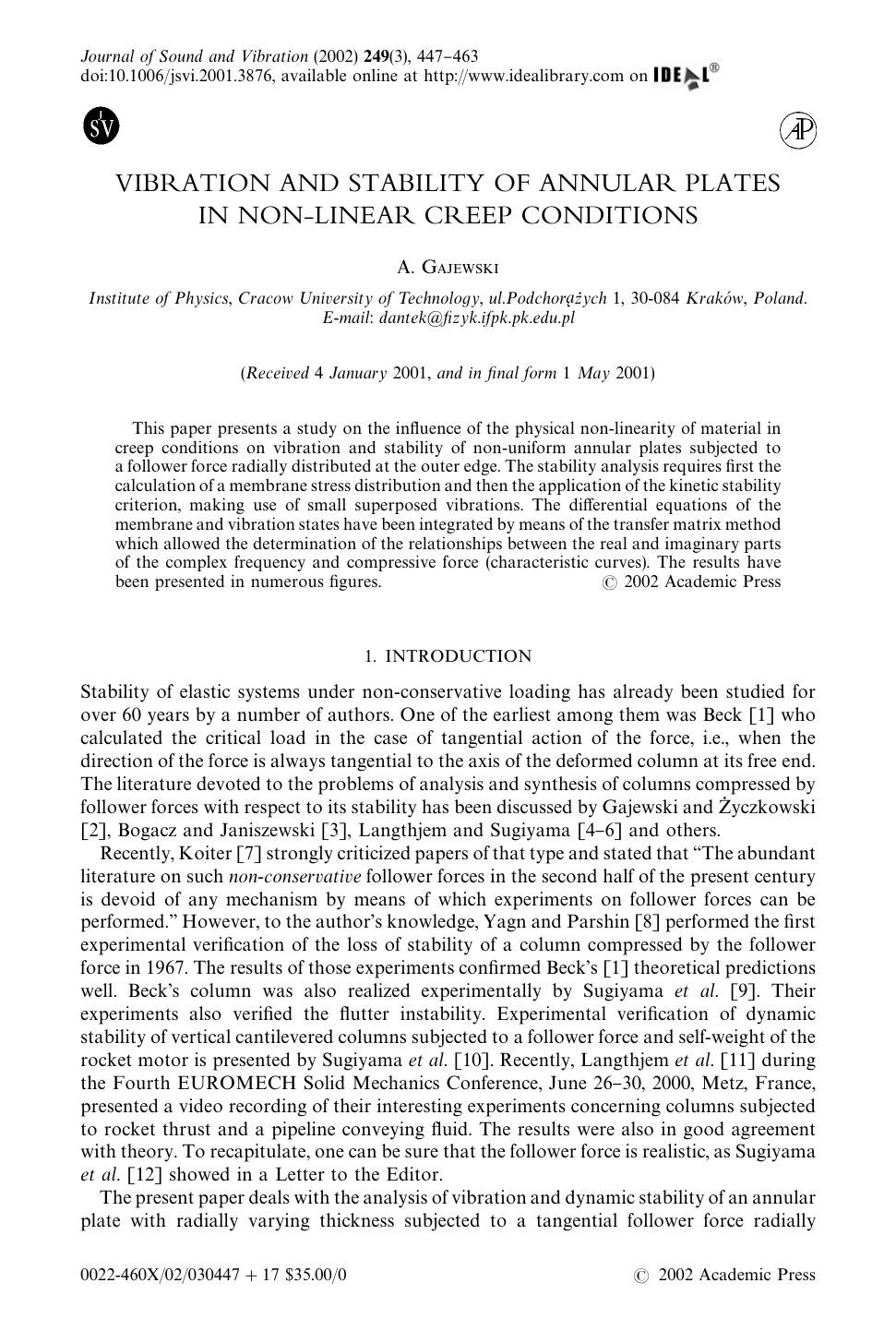 VIBRATION AND STABILITY OF ANNULAR PLATES IN NON-LINEAR CREEP CONDITIONS by GAJEWSKI A
