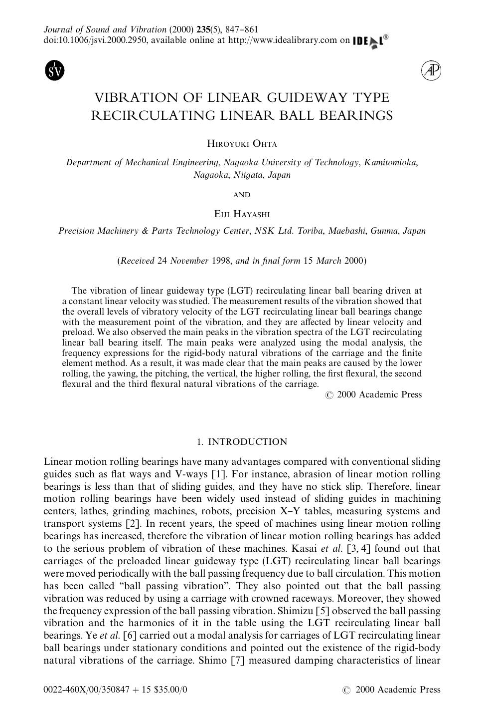 VIBRATION OF LINEAR GUIDEWAY TYPE RECIRCULATING LINEAR BALL BEARINGS by OHTA H. & HAYASHI E
