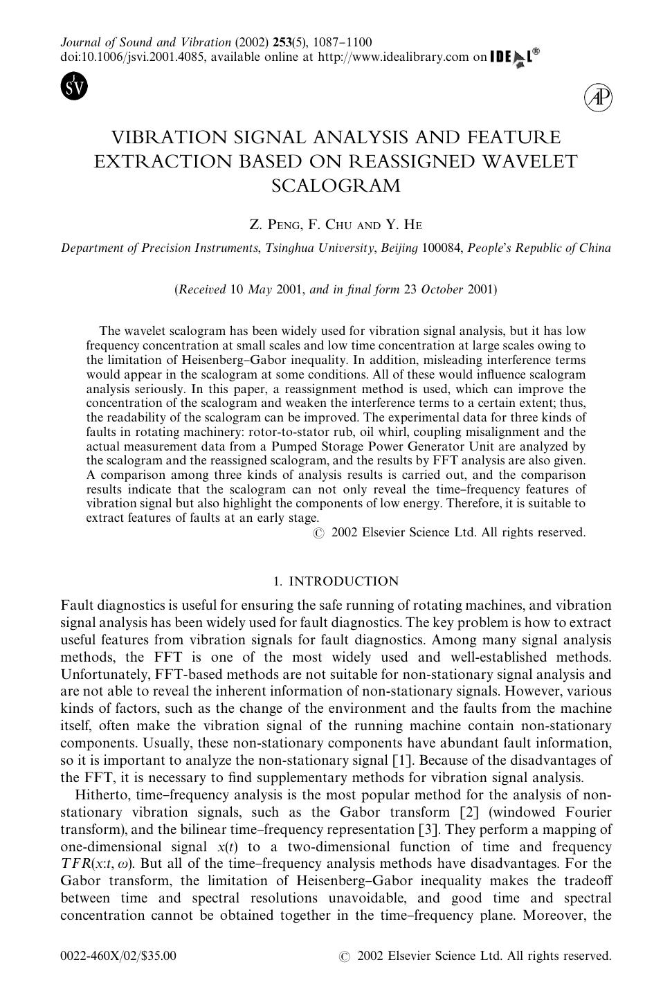 VIBRATION SIGNAL ANALYSIS AND FEATURE EXTRACTION BASED ON REASSIGNED WAVELET SCALOGRAM by PENG Z. et al
