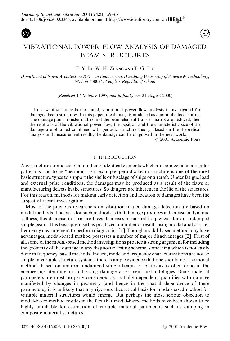VIBRATIONAL POWER FLOW ANALYSIS OF DAMAGED BEAM STRUCTURES by LI T. Y. et al