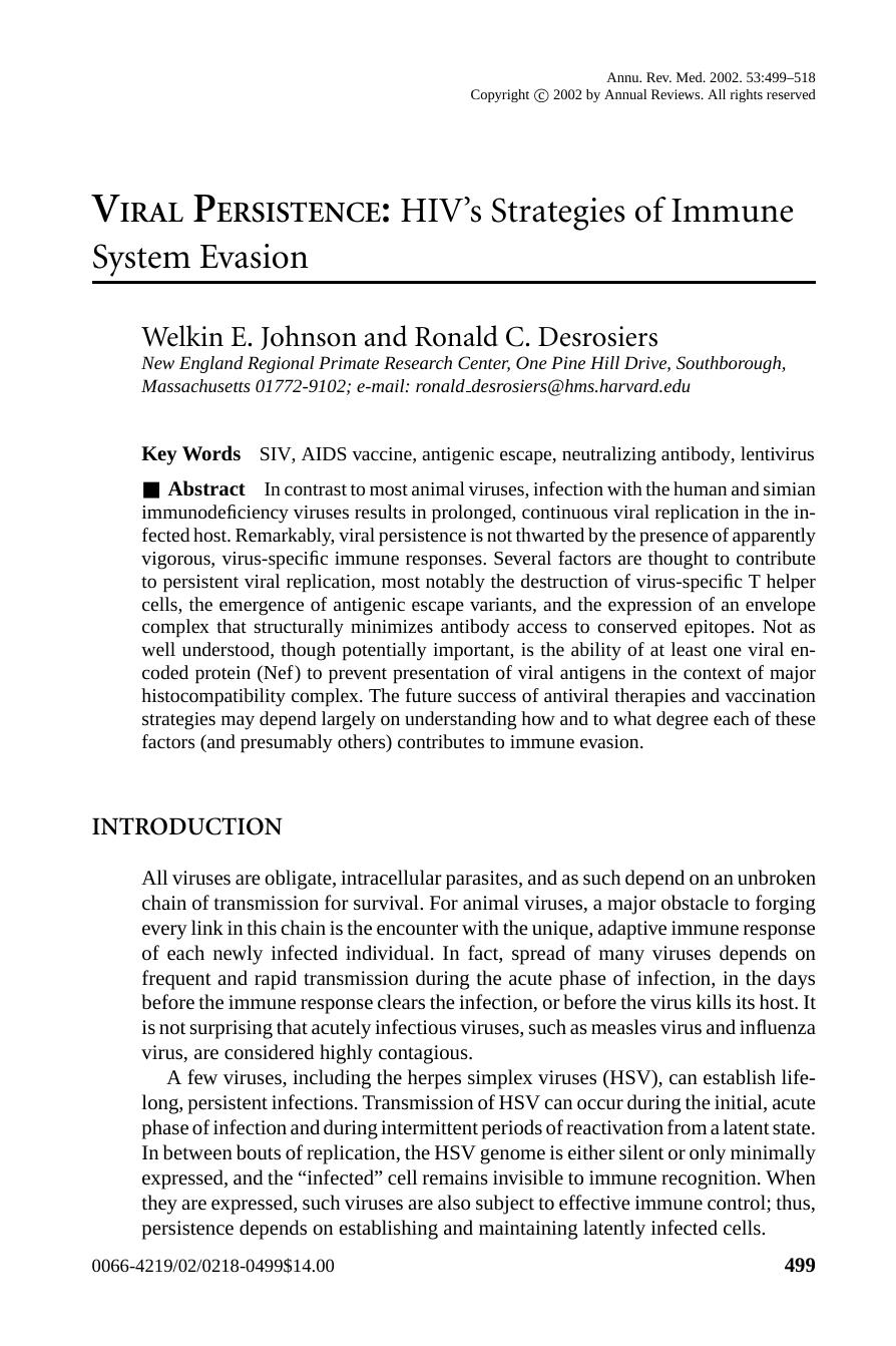 VIRAL PERSISTENCE: HIV's Strategies of Immune System Evasion by Welkin E. Johnson and Ronald C. Desrosiers