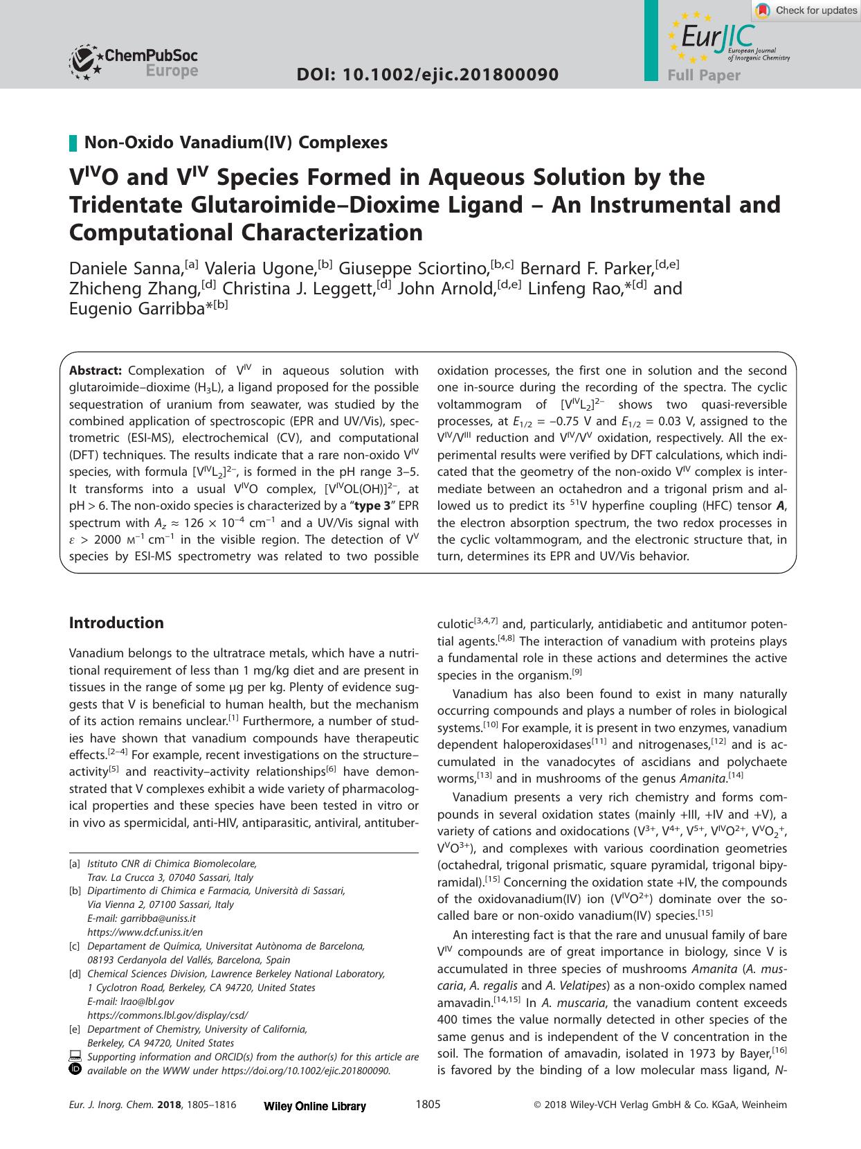 VIVO and VIV Species Formed in Aqueous Solution by the Tridentate GlutaroimideâDioxime Ligand â An Instrumental and Computational Characterization by Unknown