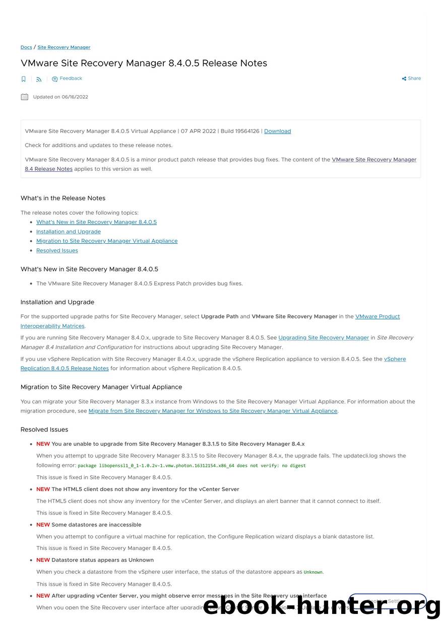 VMware Site Recovery Manager 8.4.0.5 Release Notes by Unknown