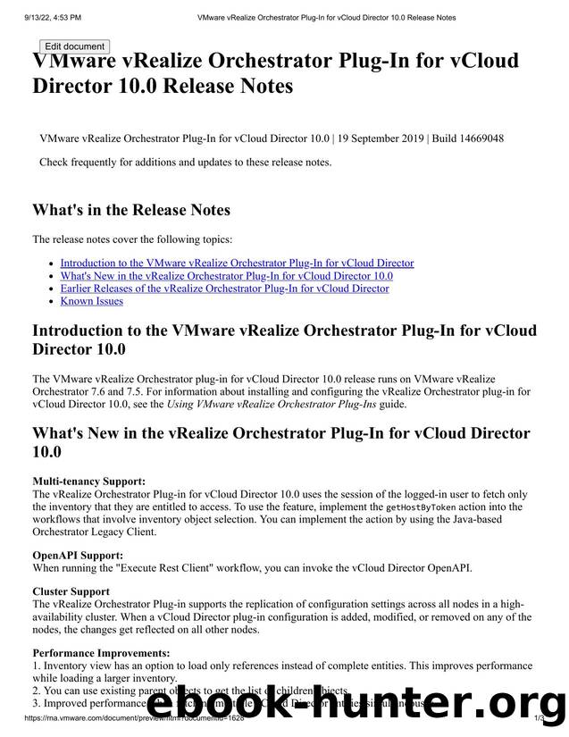 VMware vRealize Orchestrator Plug-In for vCloud Director 10.0 Release Notes by Unknown