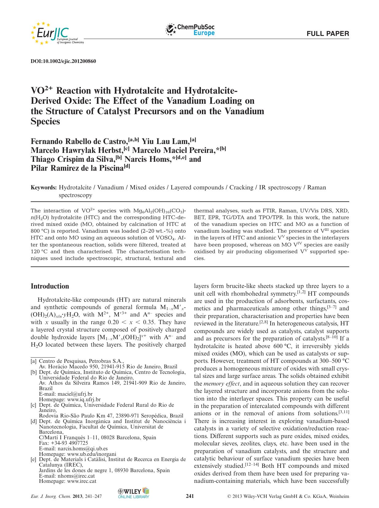 VO2+ Reaction with Hydrotalcite and HydrotalciteDerived Oxide: The Effect of the Vanadium Loading on the Structure of Catalyst Precursors and on the Vanadium Species by Unknown