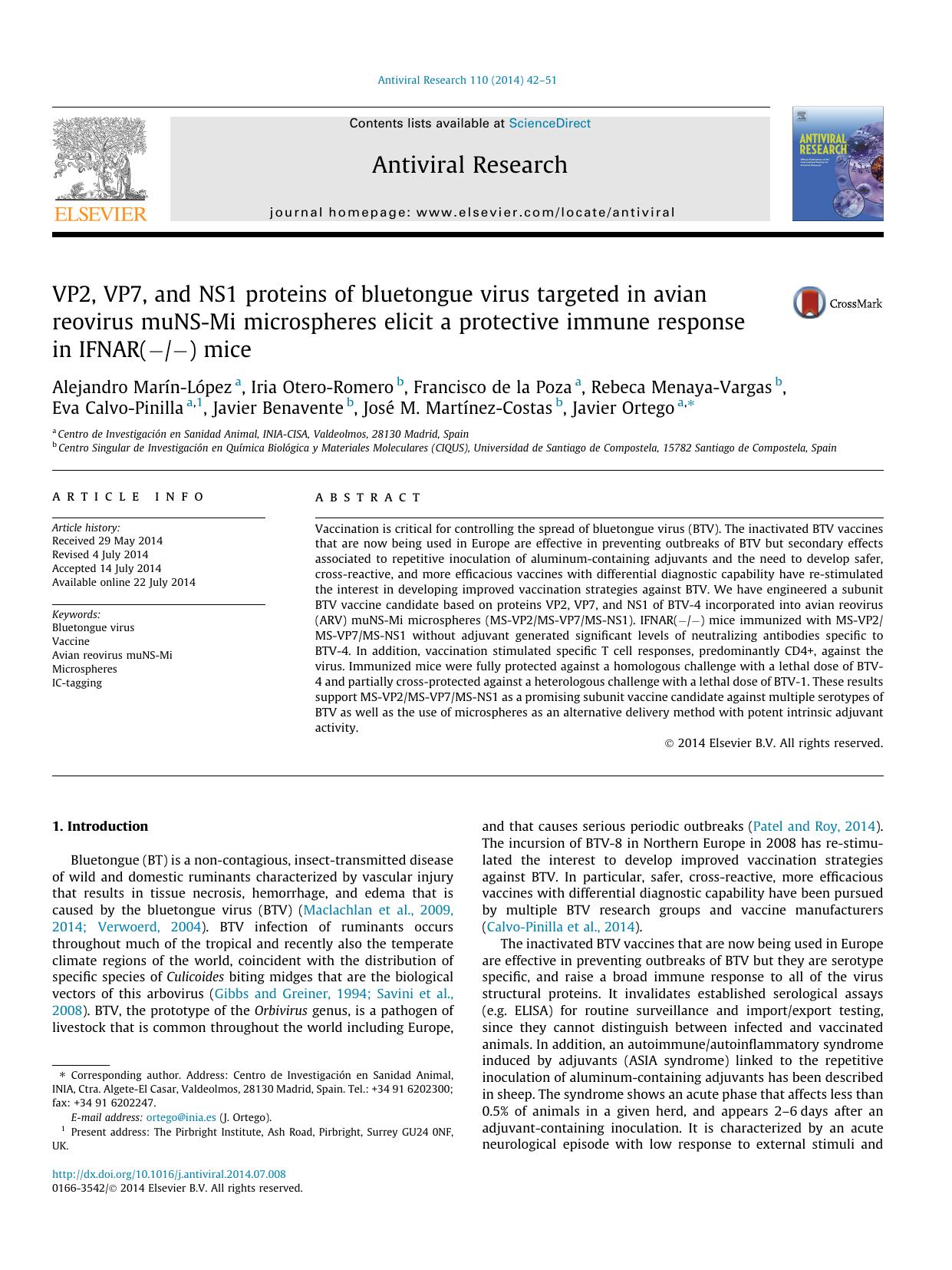 VP2, VP7, and NS1 proteins of bluetongue virus targeted in avian reovirus muNS-Mi microspheres elicit a protective immune response in IFNAR(Ã¢ËâÃ¢Ëâ) mice by unknow