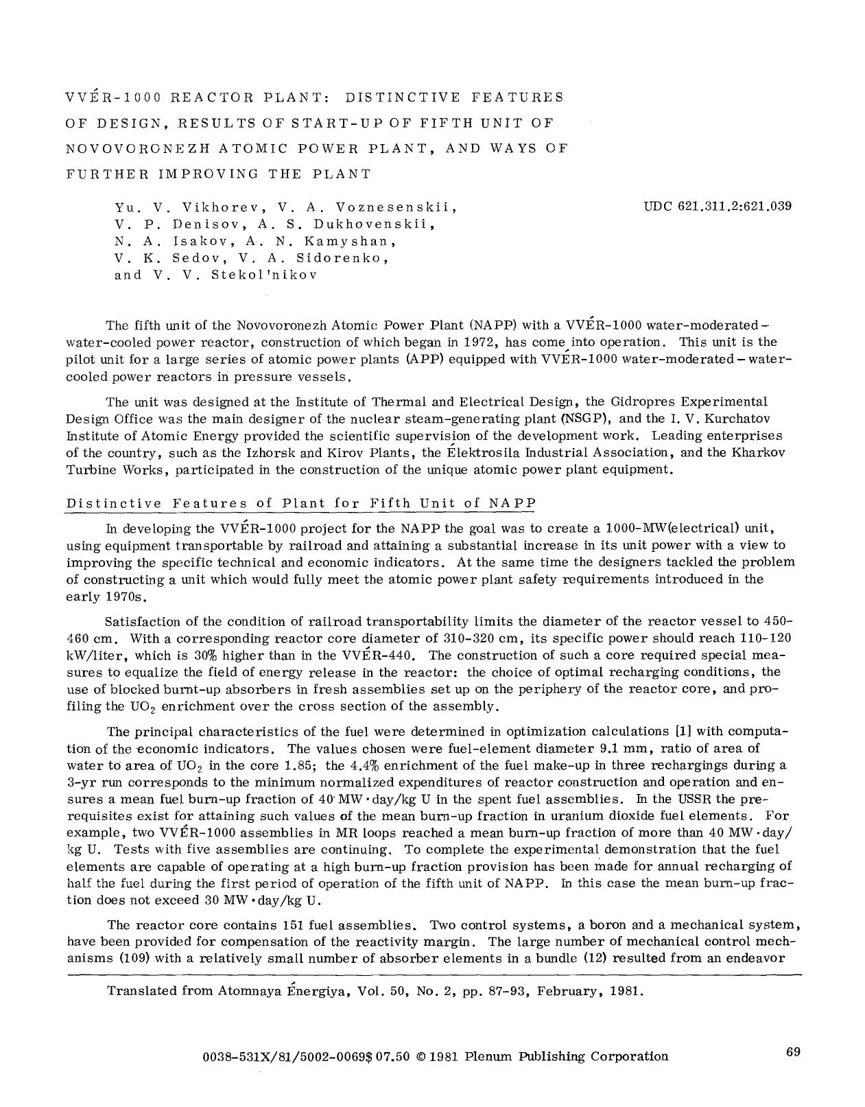 VV&#x00C9;R-1000 reactor plant: Distinctive features of design, results of start-up of fifth unit of Novovoronezh Atomic Power plant, and ways of further improving the plant by Unknown