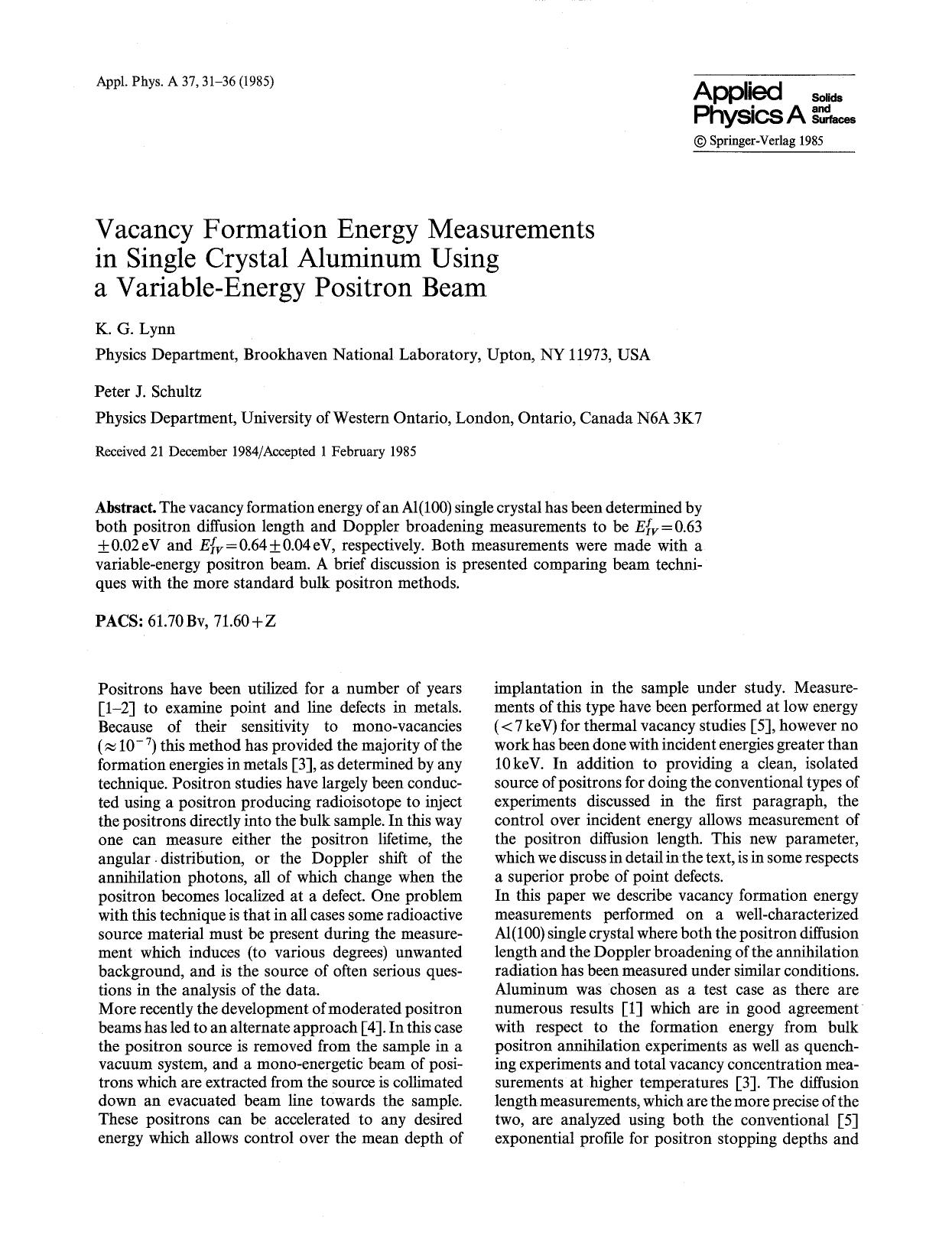 Vacancy formation energy measurements in single crystal aluminum using a variable-energy positron beam by Unknown