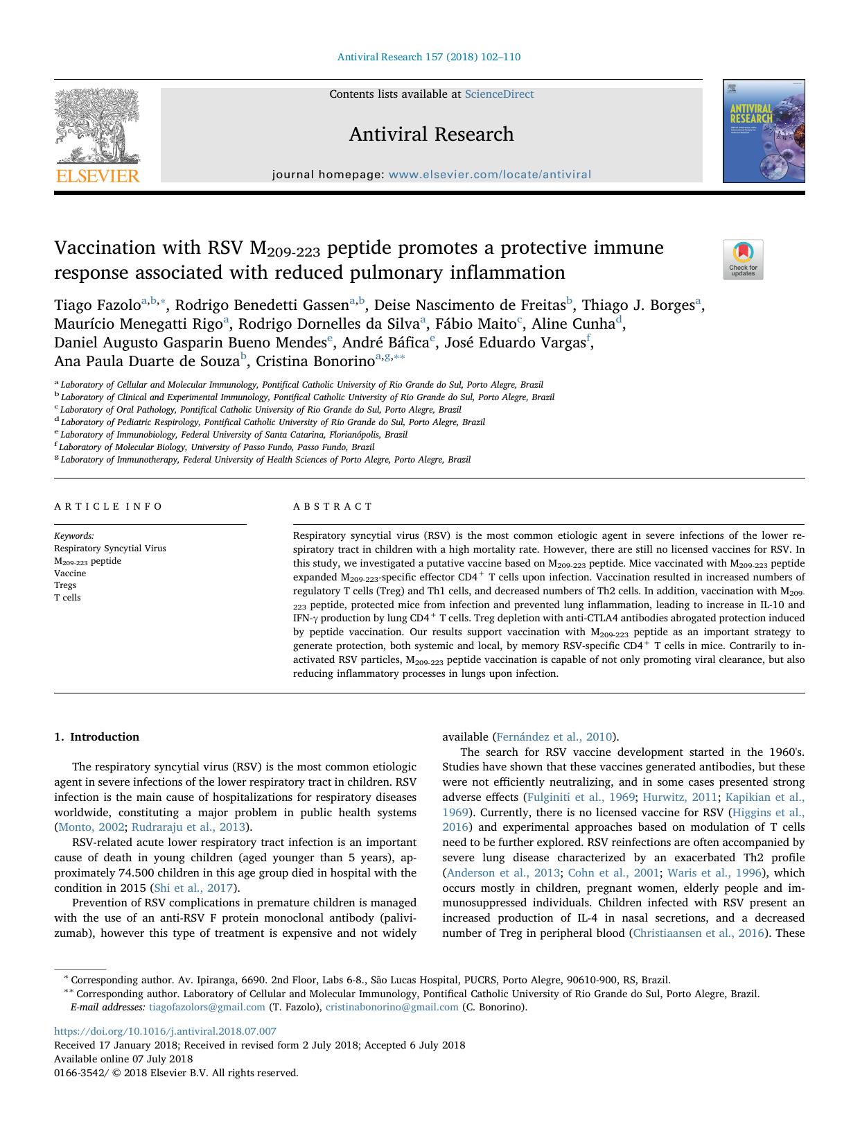 Vaccination with RSV M209-223 peptide promotes a protective immune response associated with reduced pulmonary inflammation by unknow