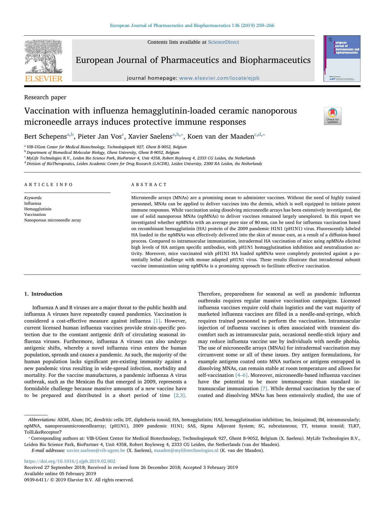 Vaccination with influenza hemagglutinin-loaded ceramic nanoporous microneedle arrays induces protective immune responses by Bert Schepens & Pieter Jan Vos & Xavier Saelens & Koen van der Maaden