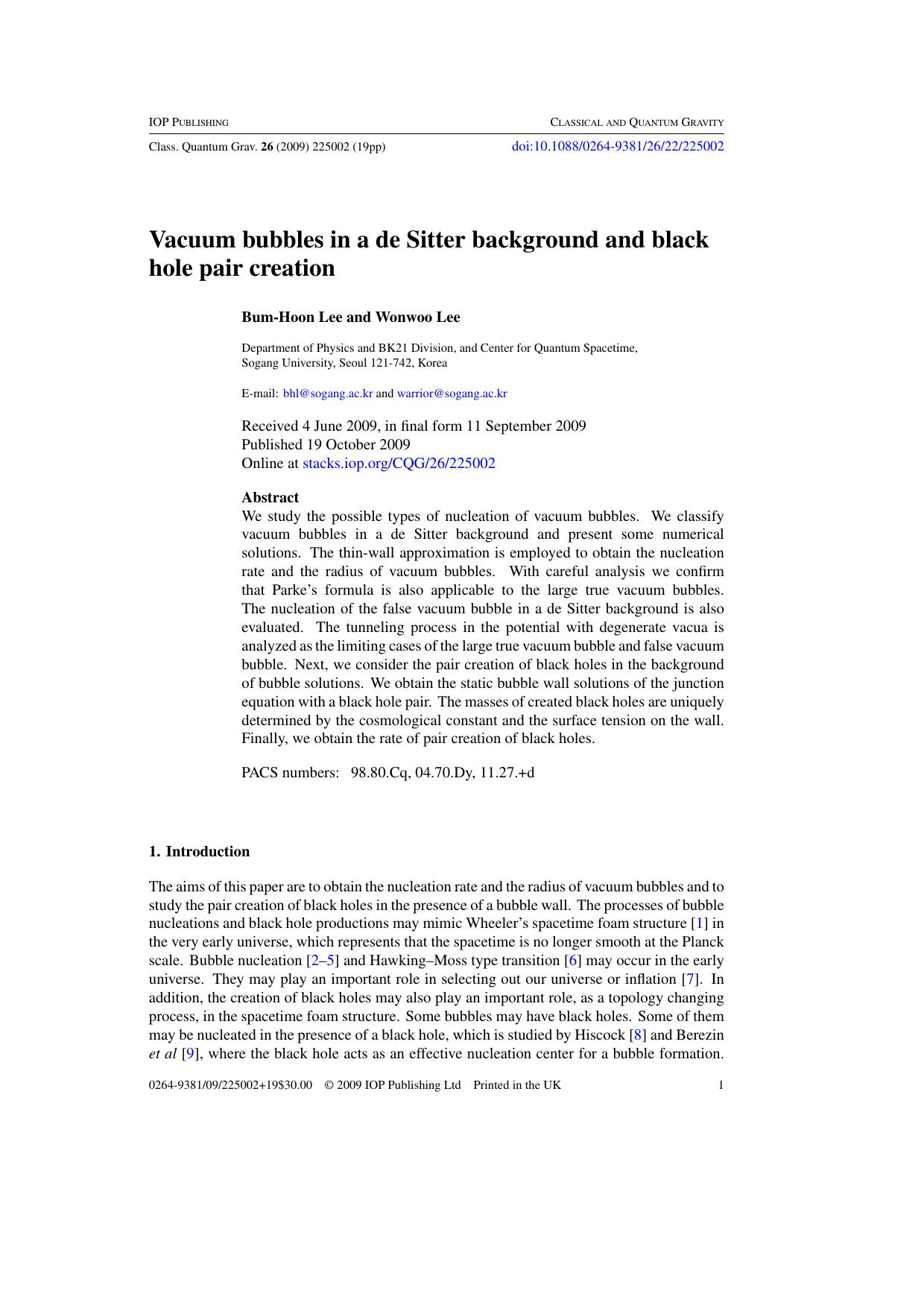 Vacuum bubbles in a de Sitter background and black hole pair creation by B-H Lee and W Lee