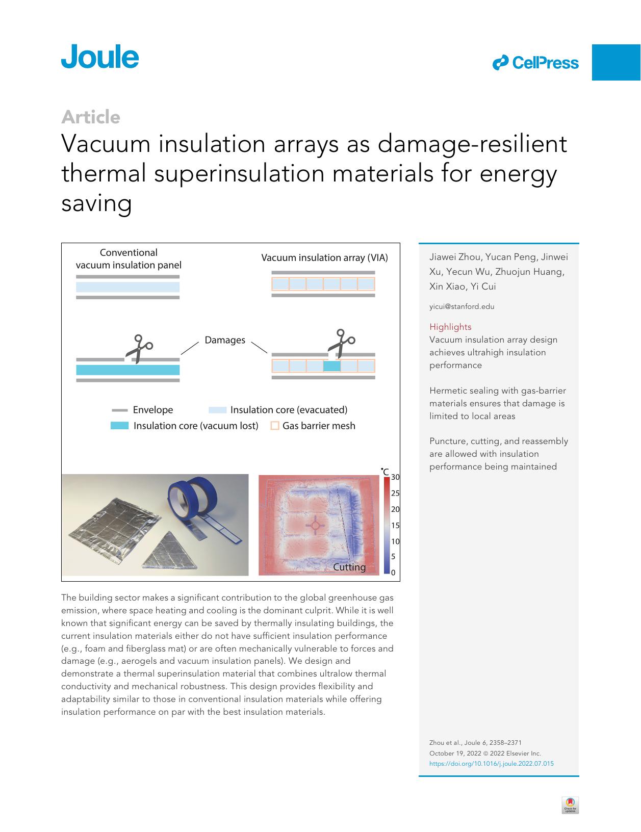 Vacuum insulation arrays as damage-resilient thermal superinsulation materials for energy saving by Jiawei Zhou