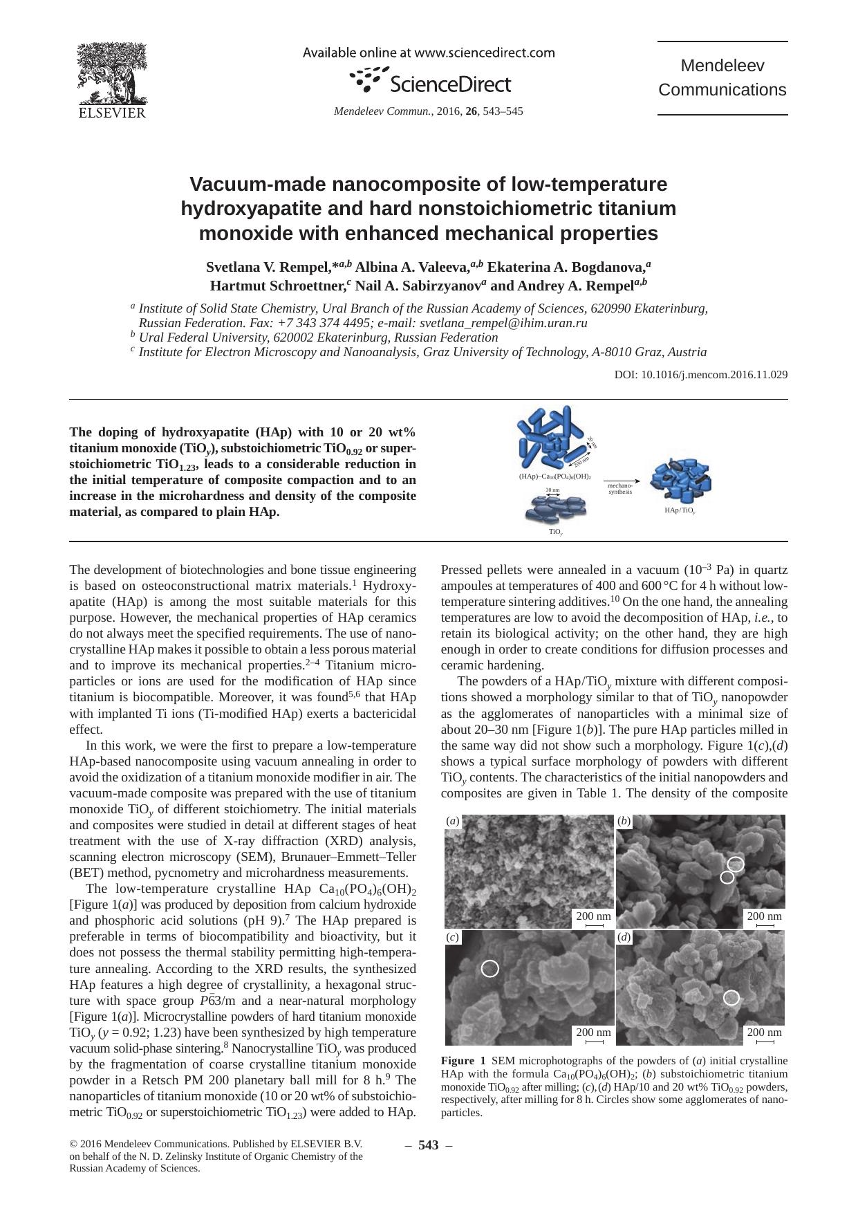 Vacuum-made nanocomposite of low-temperature hydroxyapatite and hard nonstoichiometric titanium monoxide with enhanced mechanical properties by unknow